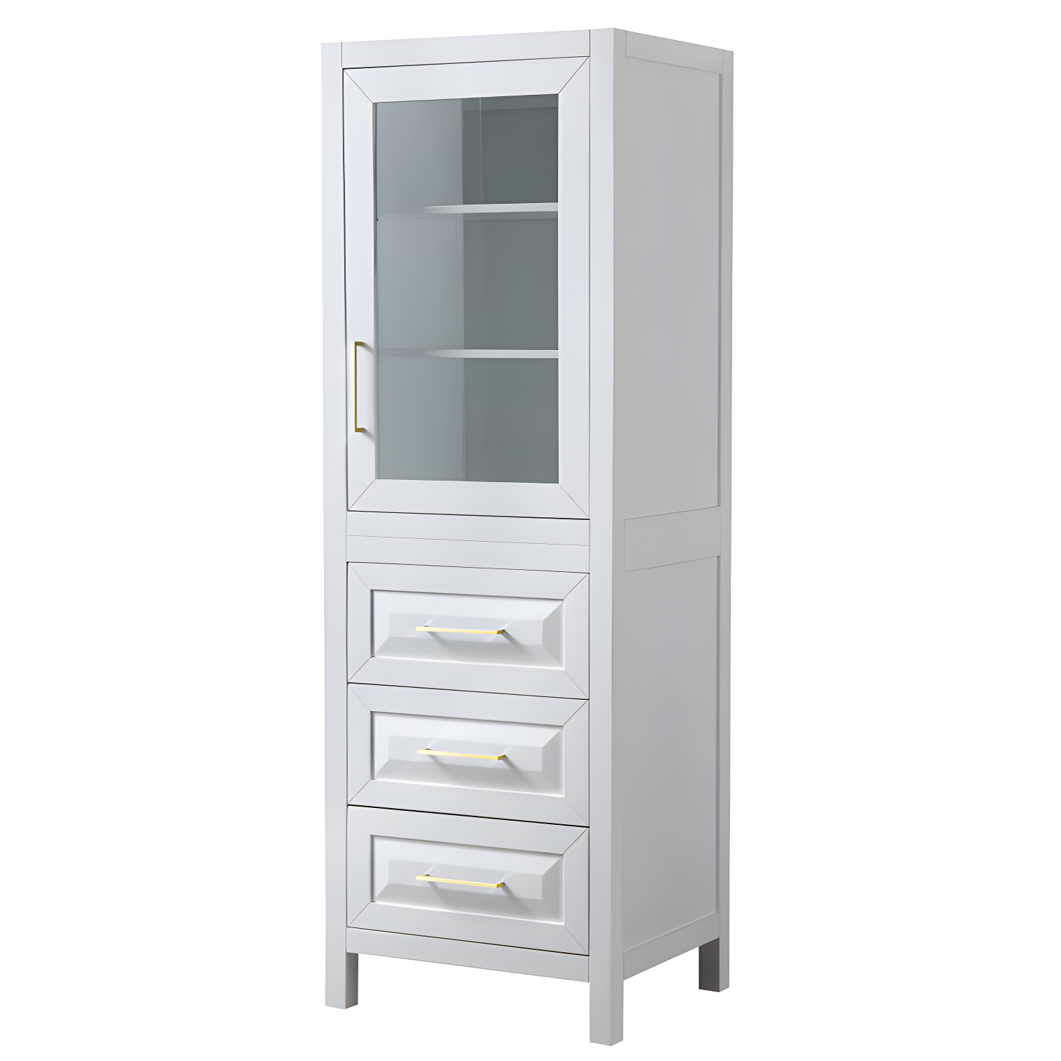 White and Brushed Gold Tall Linen Cabinet with Glass Door