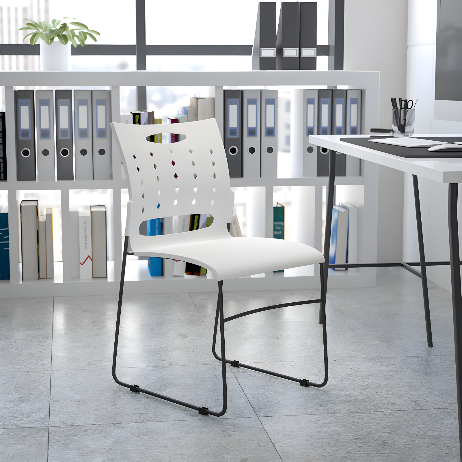 White Metal Ergonomic Stackable Mid-Back Chair