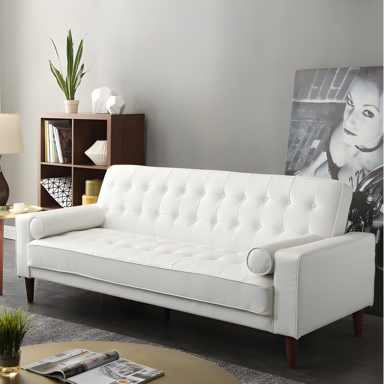 85'' White Faux Leather Tufted Loveseat with Wood Legs