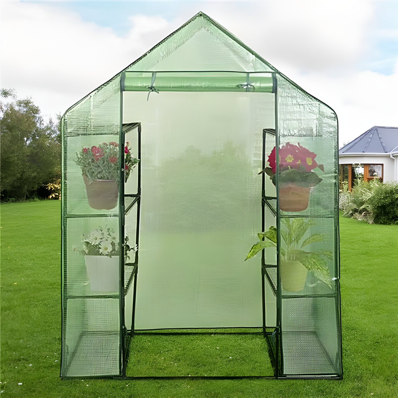 Green 4-Tier Walk-In Greenhouse with 8 Shelves