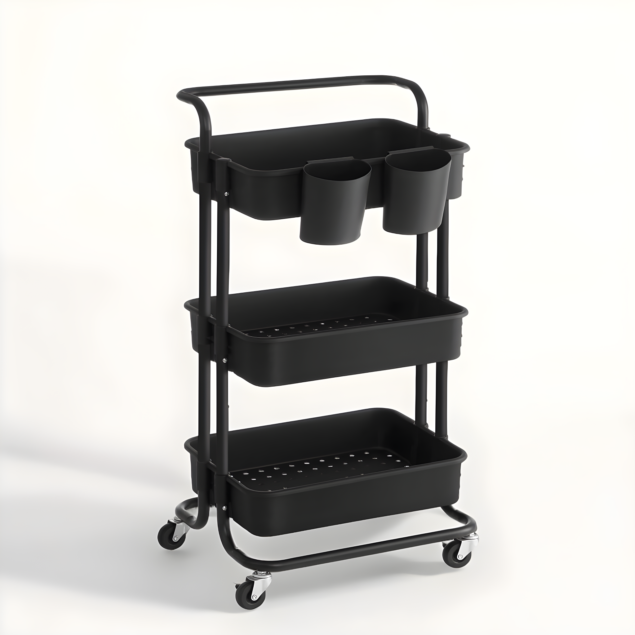 Black 3-Tier Rolling Utility Cart with Steel Frame and Plastic Baskets