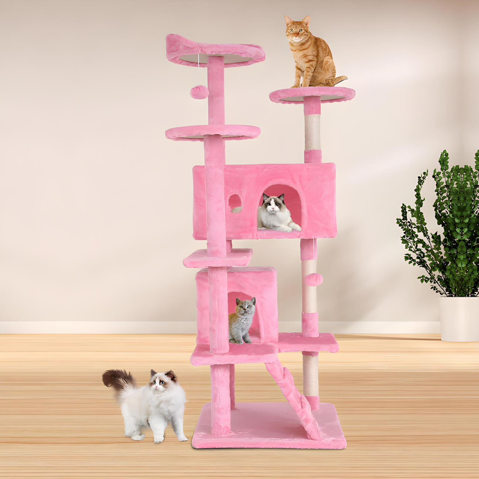 Tall Pink Faux Fur Multi-Level Cat Tree Tower with Sisal Posts