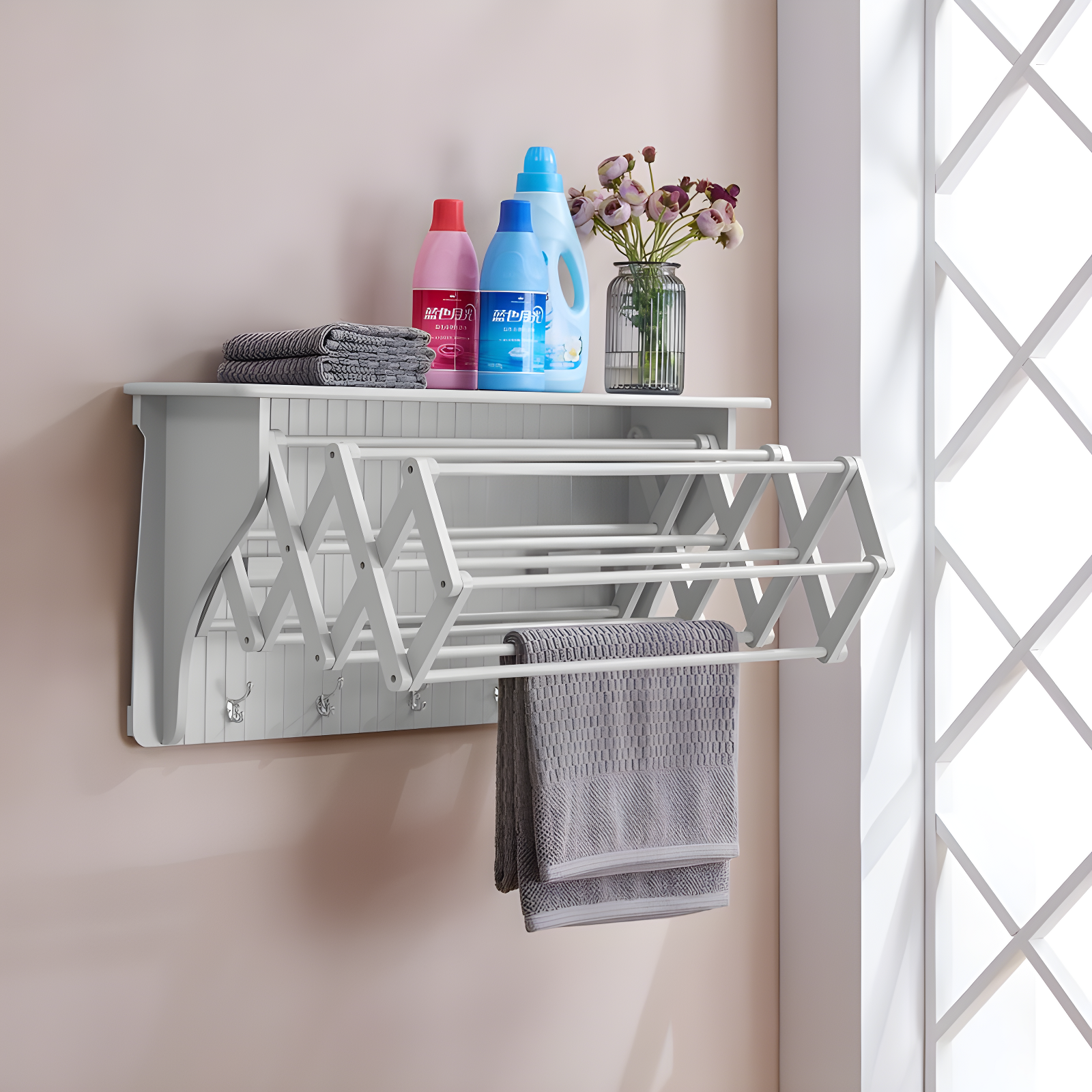 36" White Metal and Wood Wall-Mount Drying Rack with Hooks