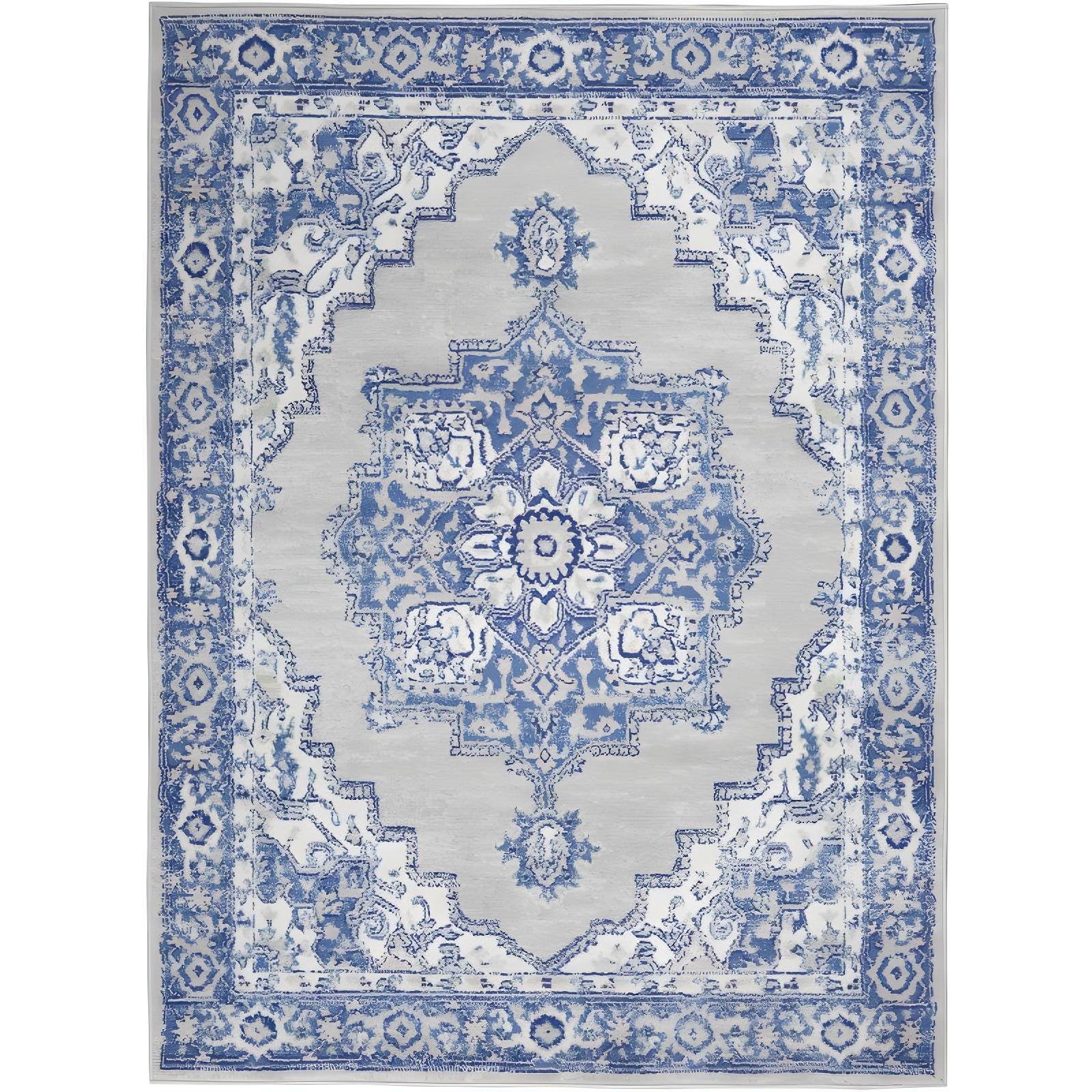 Grey Blue Floral Motif 6' x 9' Easy-Care Synthetic Area Rug