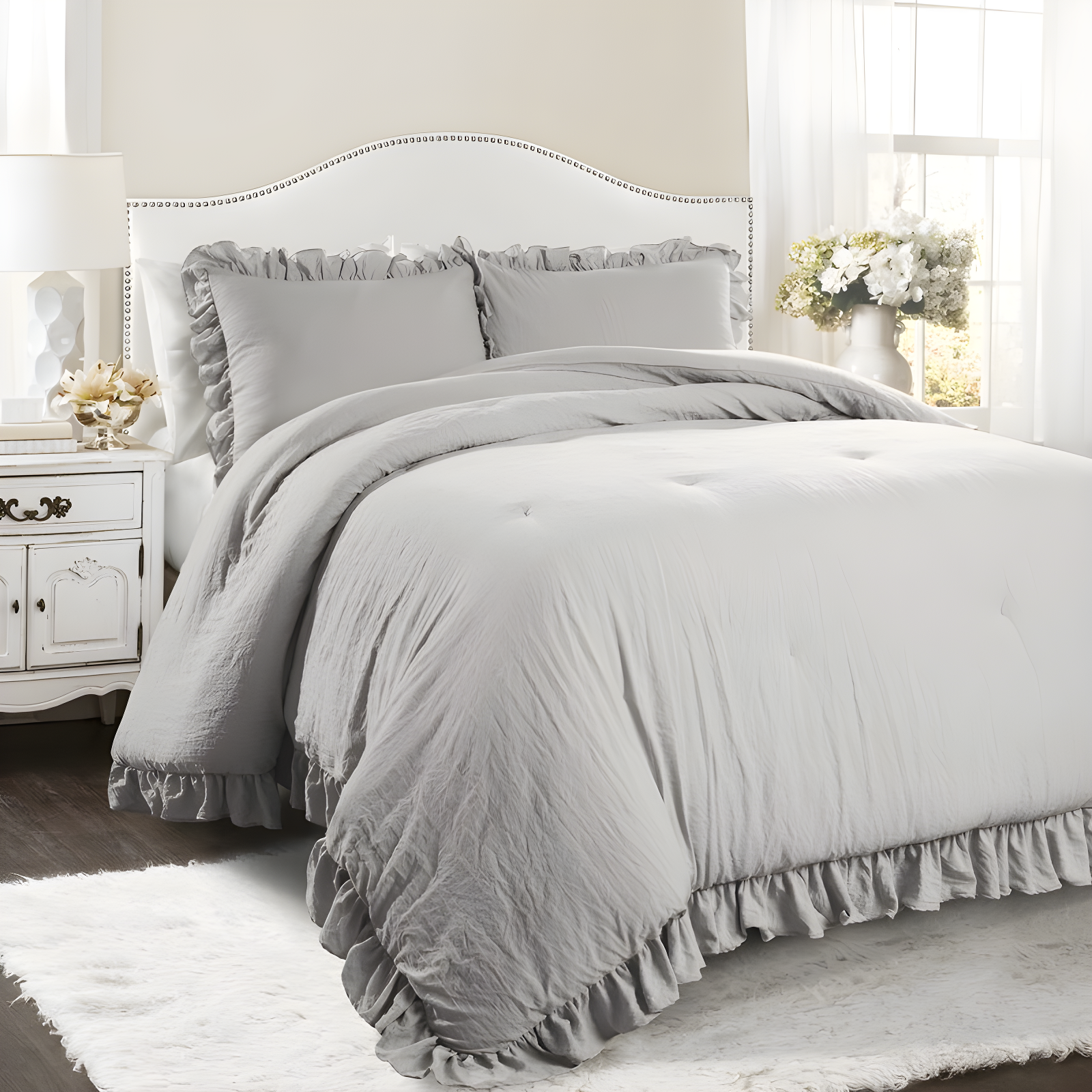 Reyna Light Gray Microfiber Full Comforter Set with Ruffles