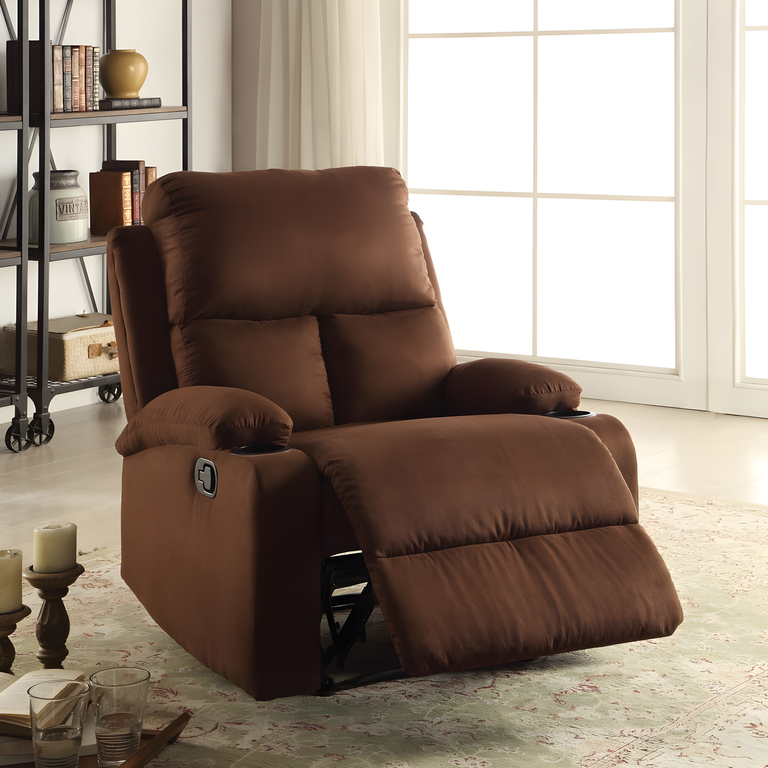 Rosia Brown Microfiber Recliner with Wood Frame