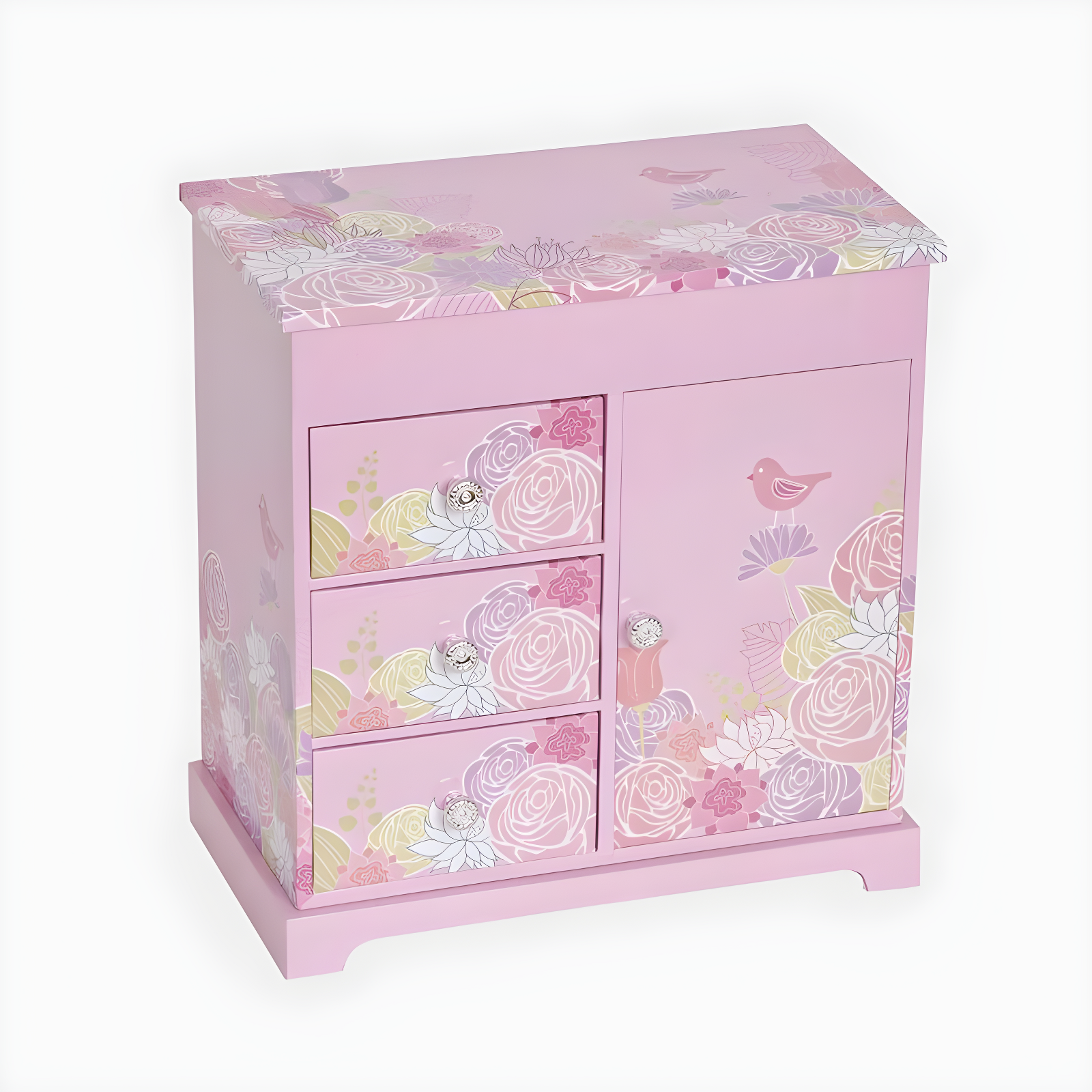 Pink Floral Wooden Girls' Musical Jewelry Cabinet