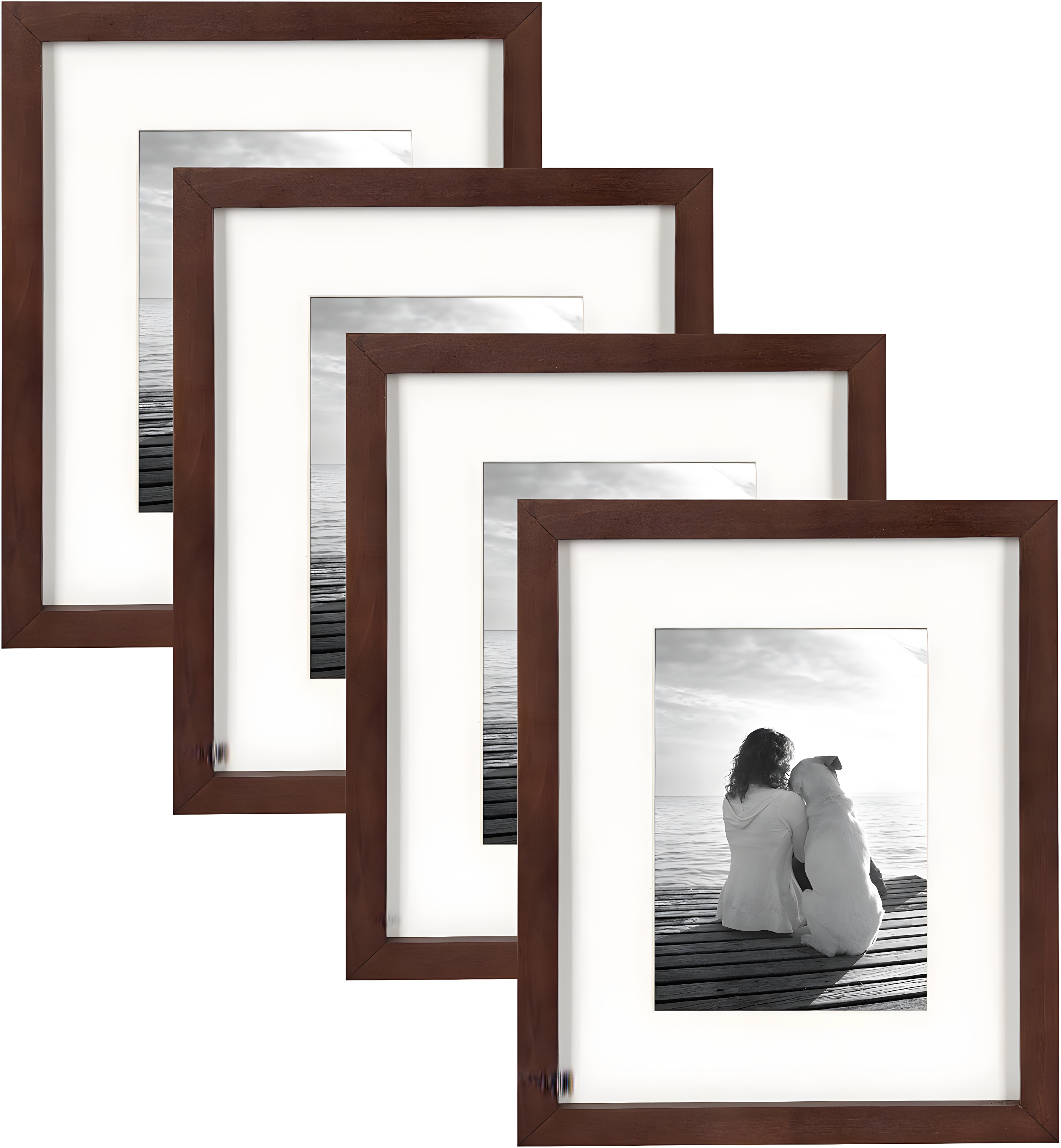 Walnut Brown Wood Photo Frame Set with White Mat, 8x10, Pack of 4