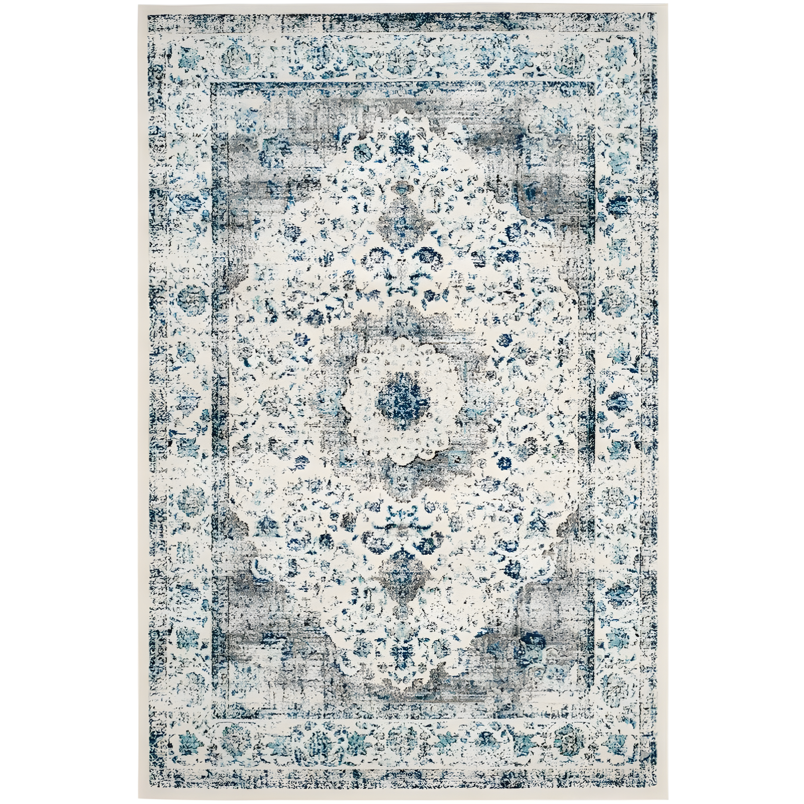 Grey and Ivory High Pile Floral Synthetic Area Rug