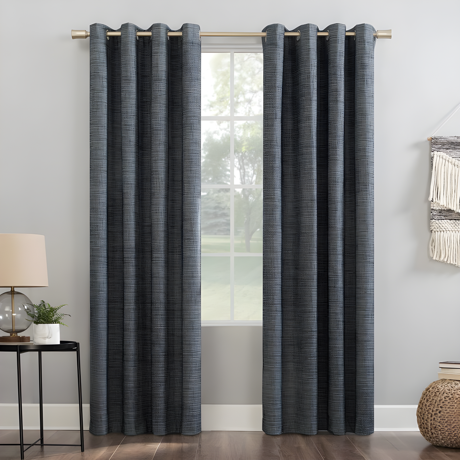 Navy Burlap Weave Thermal Blackout Grommet Curtain Panel