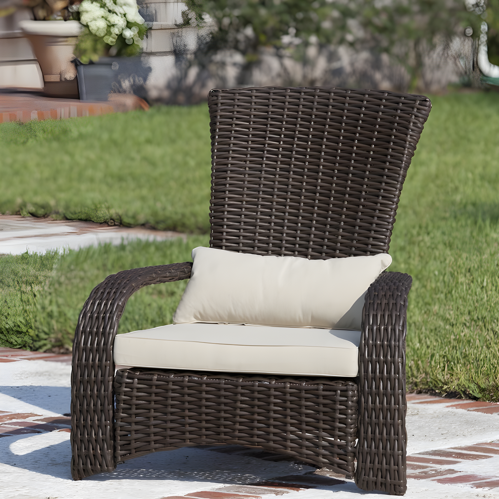 Mocha Resin Wicker Lounge Chair with Beige Cushions