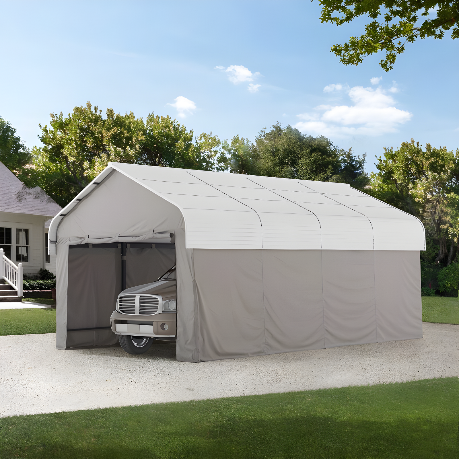 12' x 20' White Portable Carport Kit with Fabric Enclosure