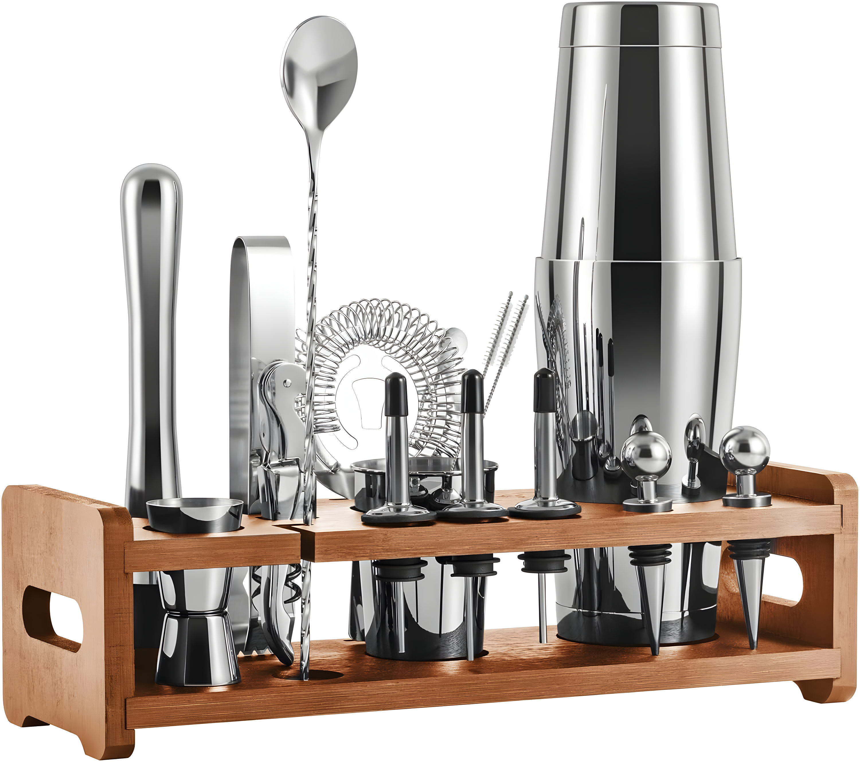 24-Piece Silver Stainless Steel Cocktail Shaker Set with Wooden Stand