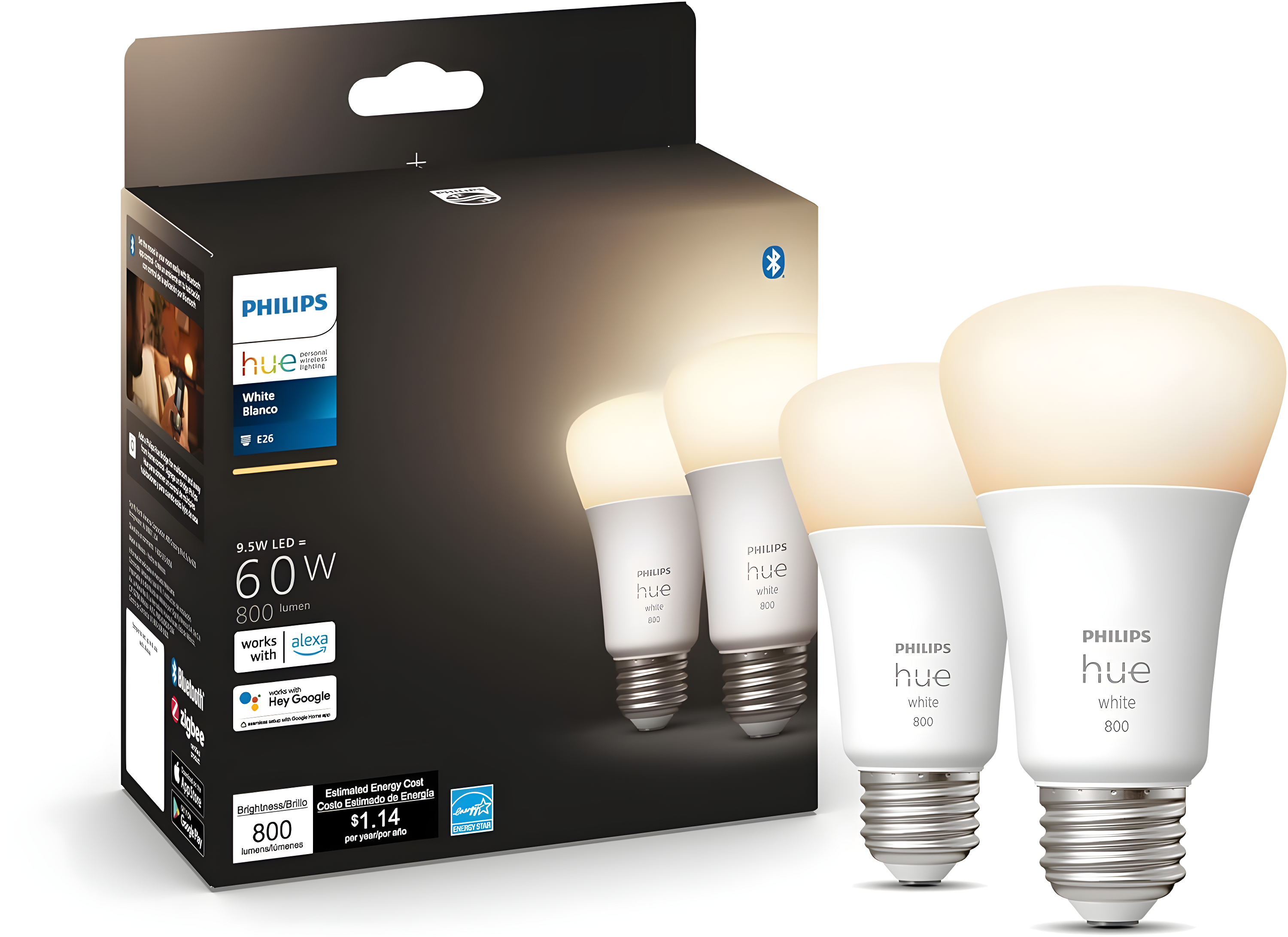 Philips Hue White A19 Dimmable LED Smart Bulbs 2-Pack