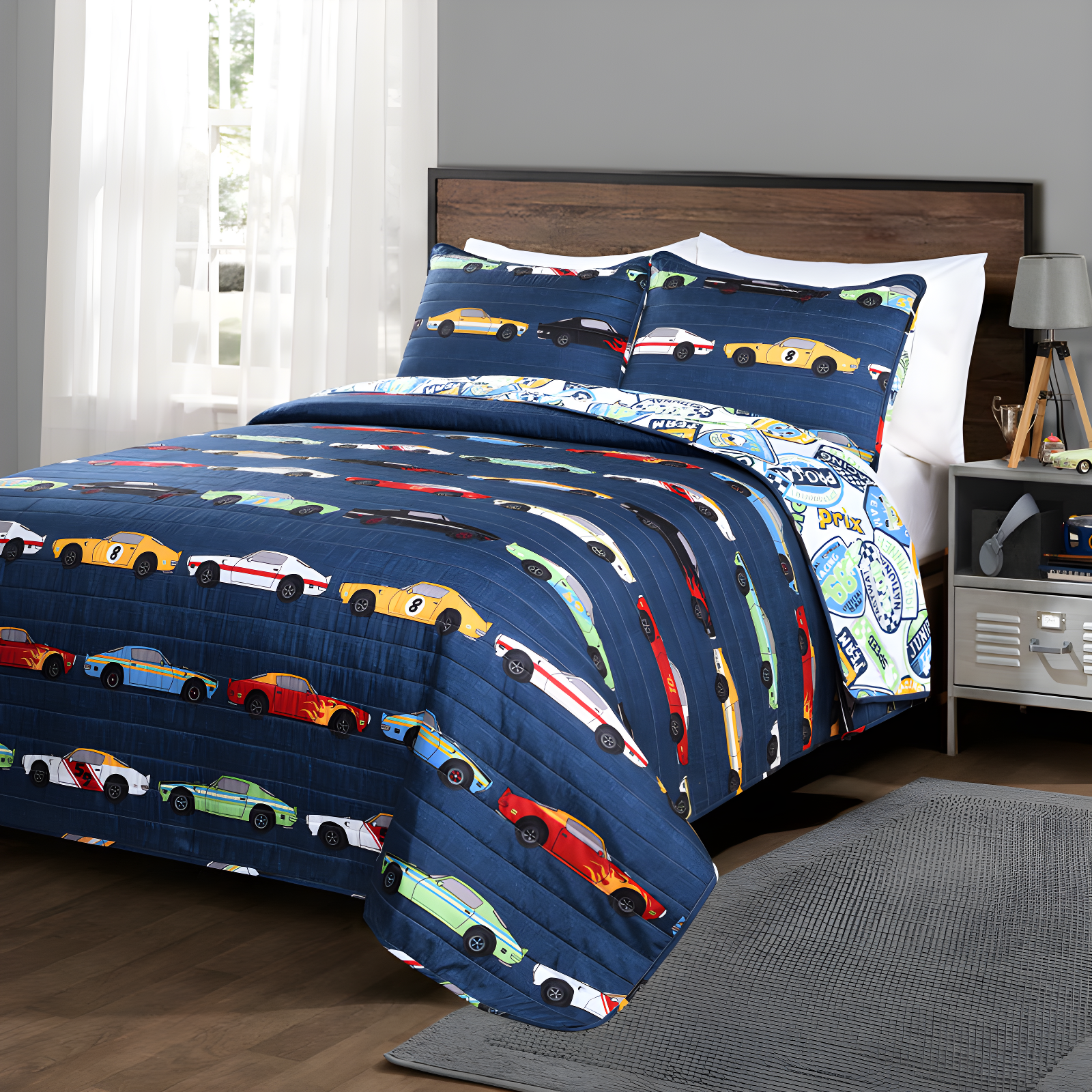 Navy Microfiber Reversible Race Car Twin Quilt Set