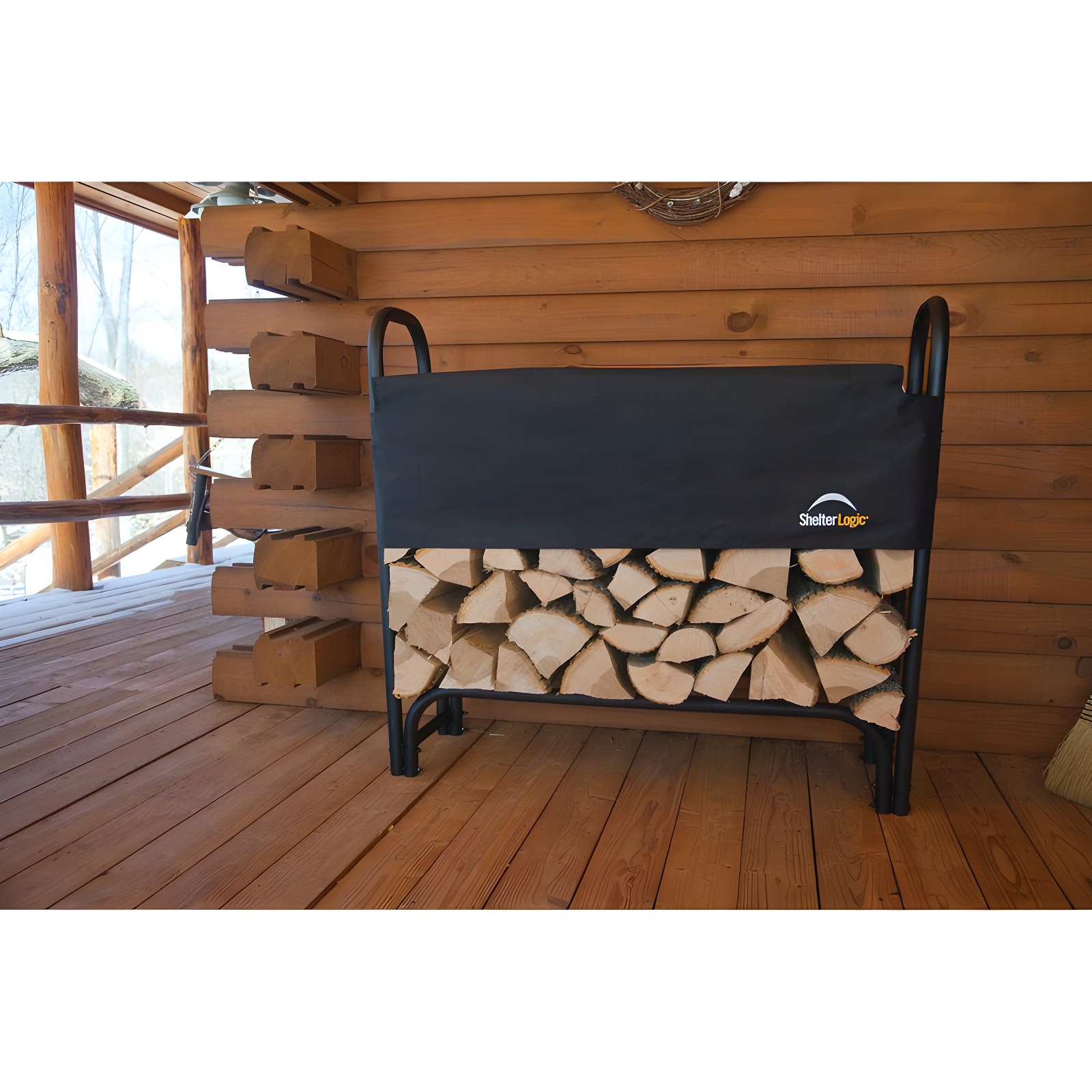 4 ft Black Steel Firewood Rack with Waterproof Cover