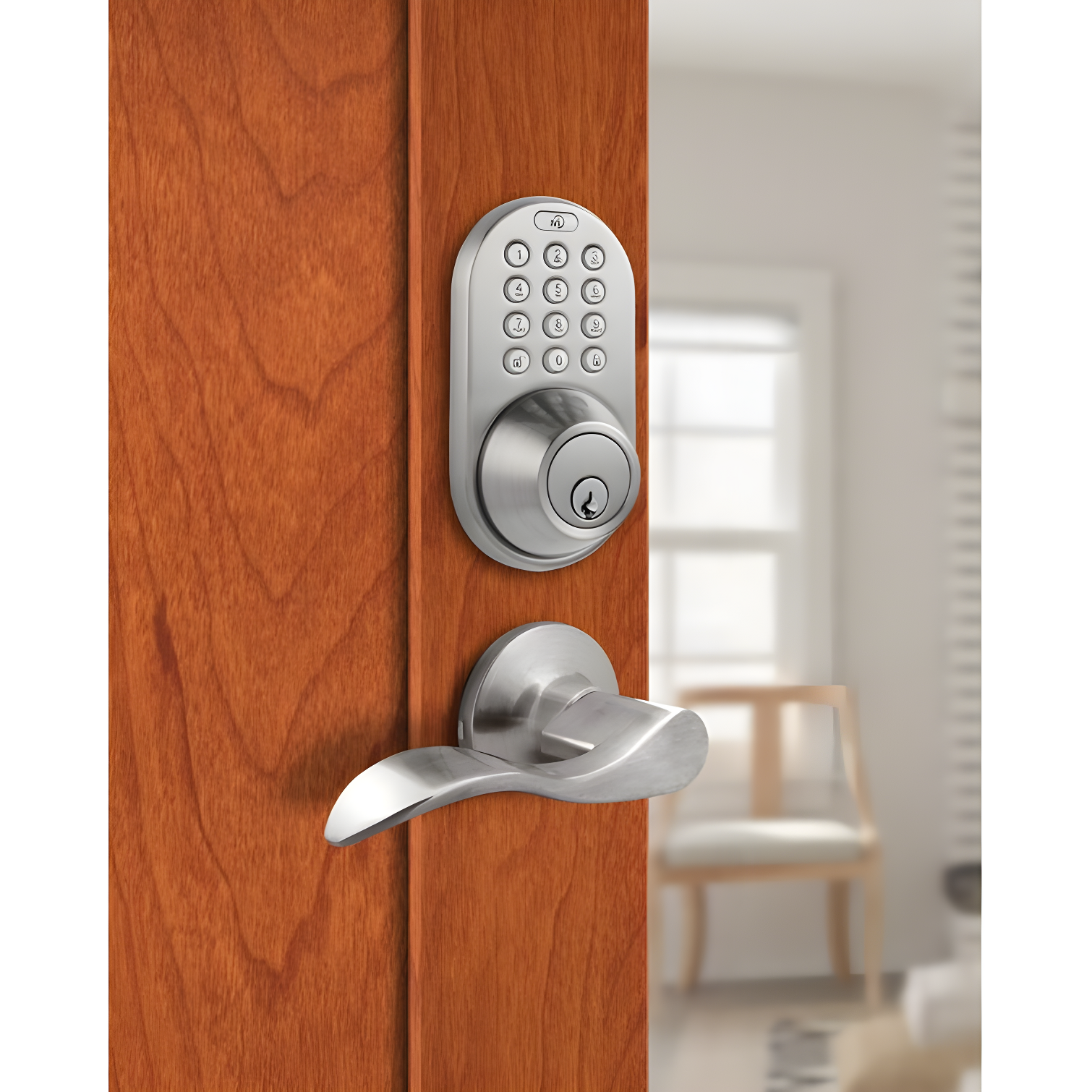 Satin Nickel Electronic Keyless Entry Deadbolt and Lever Handle Set