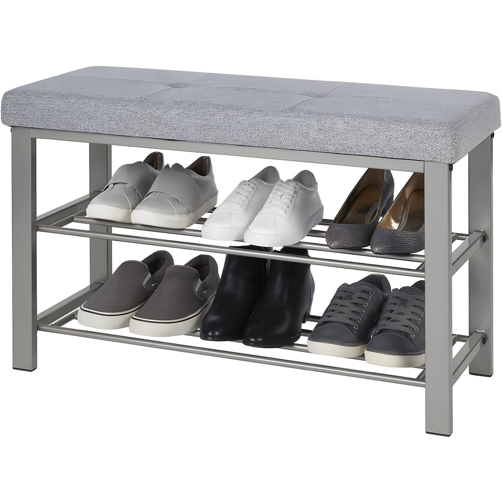 Gray Upholstered Storage Bench with Metal Frame and Shoe Racks