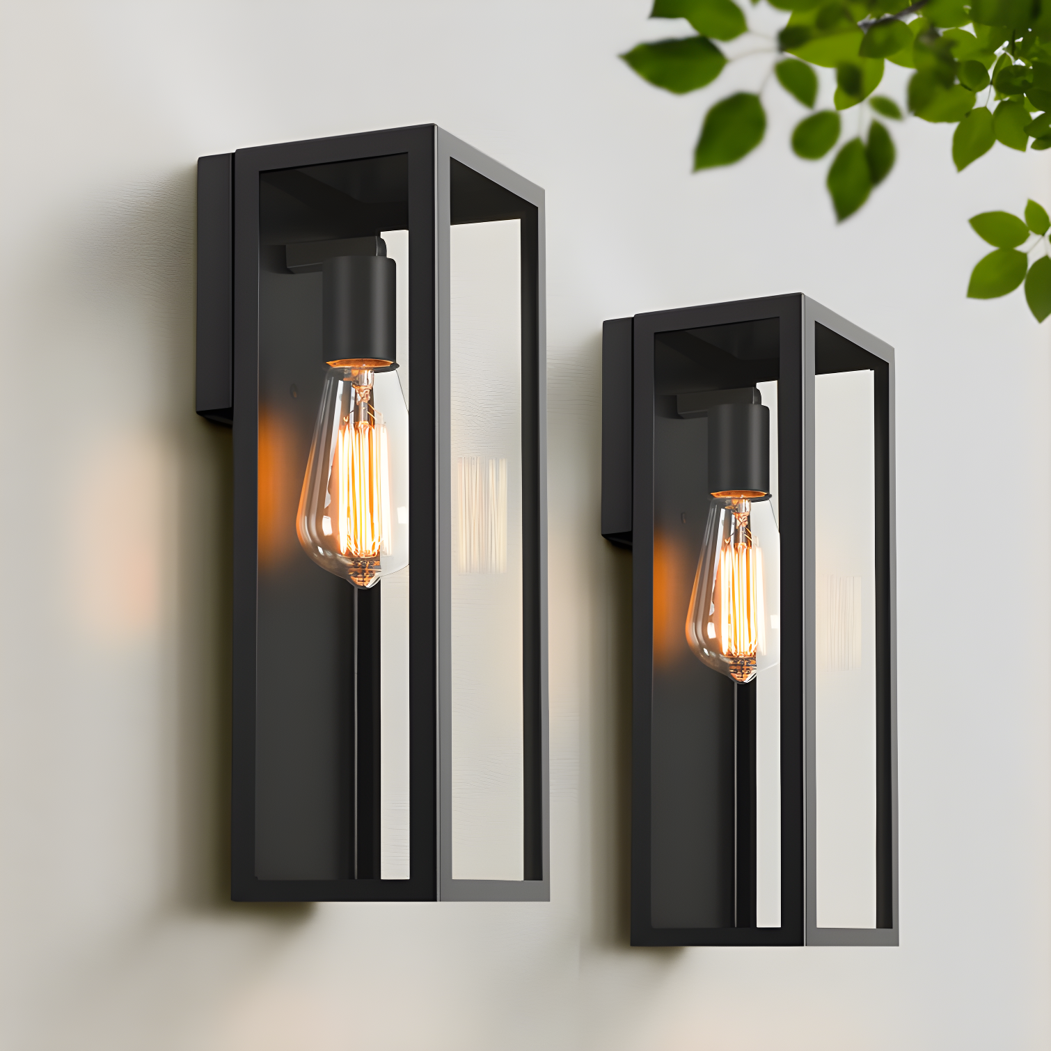 Matte Black Outdoor Wall Lanterns with Glass Shades, 2-Pack