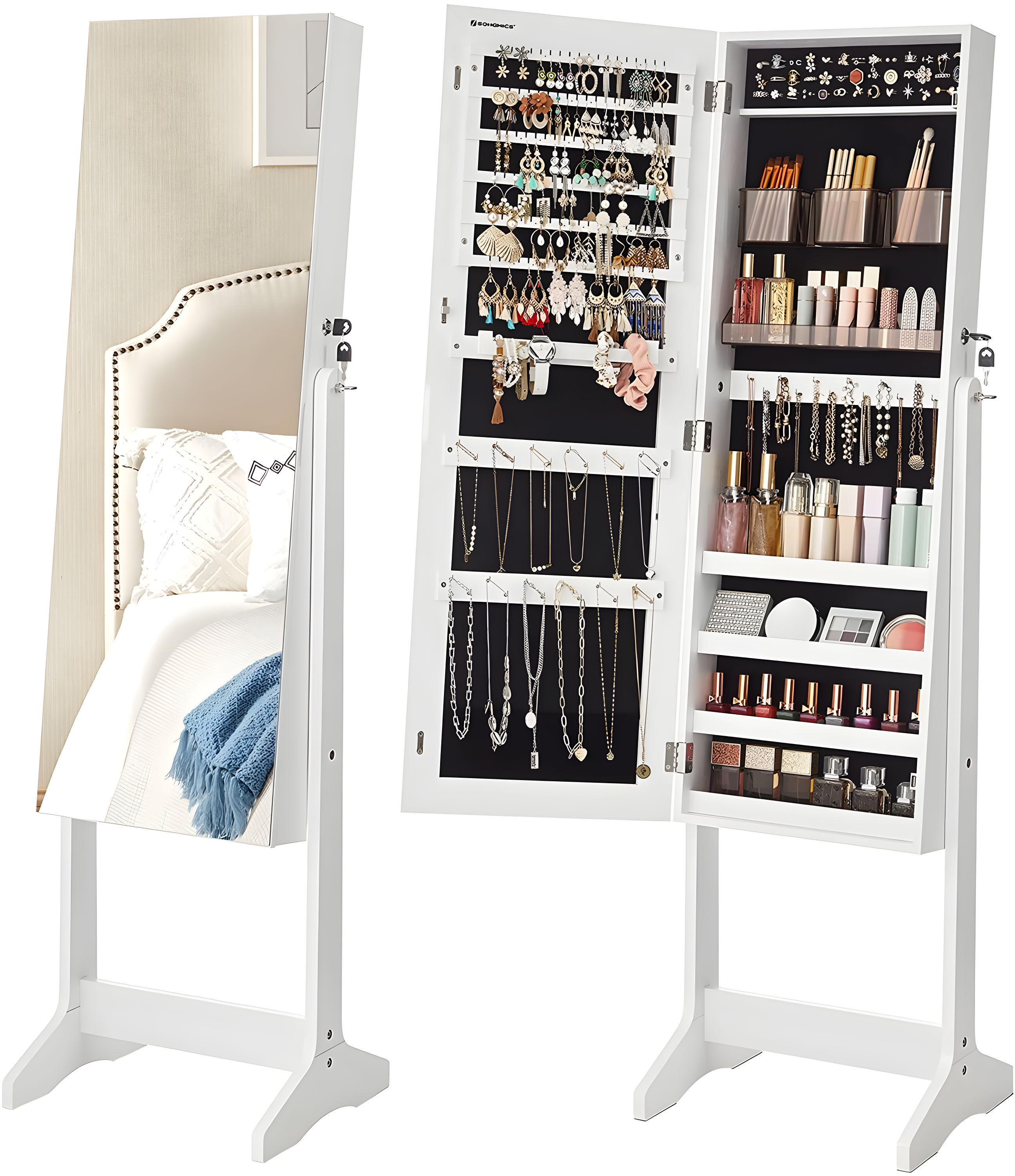 White Freestanding Jewelry Armoire with Full-Length Mirror