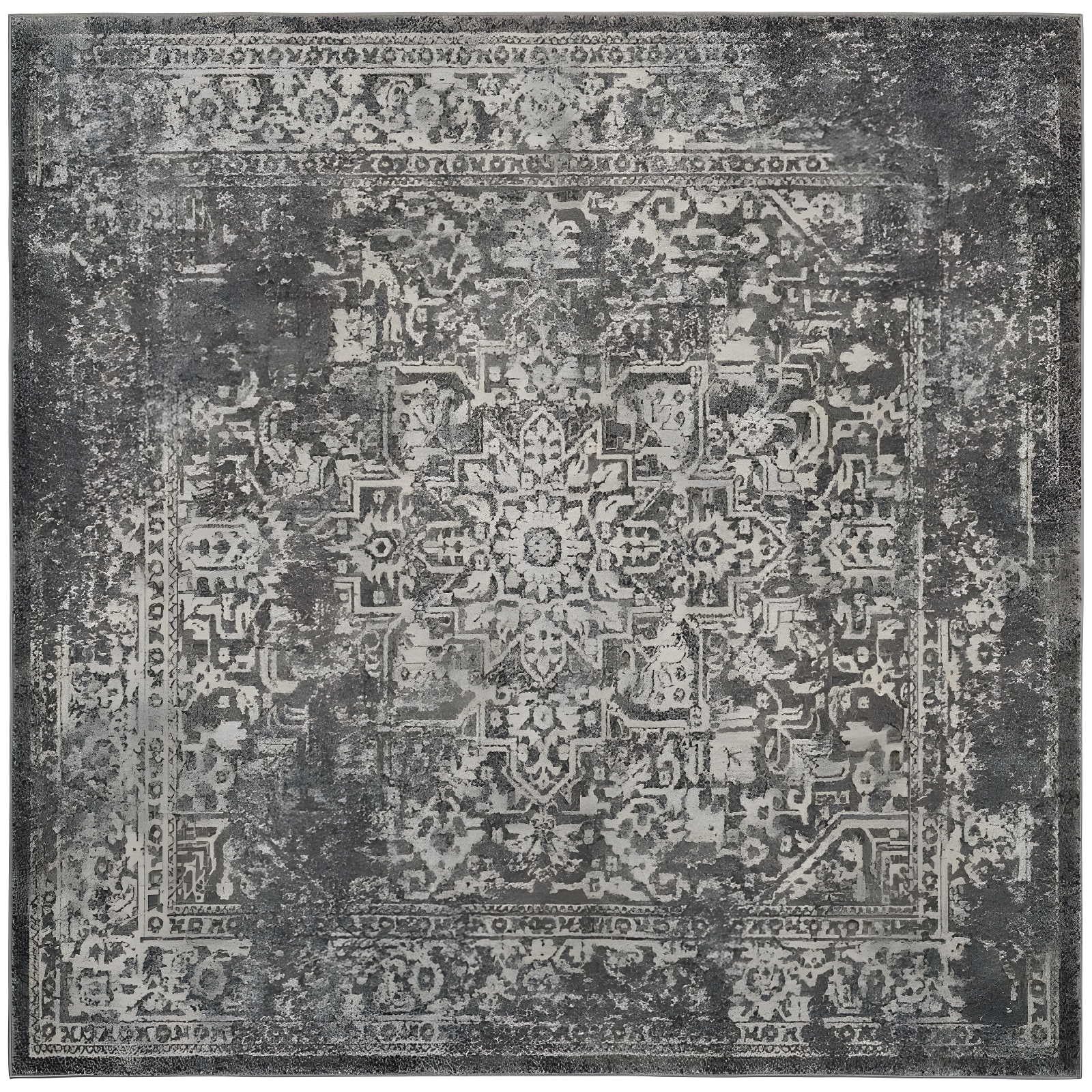 Grey and Ivory Square Synthetic Area Rug, 3' x 3'