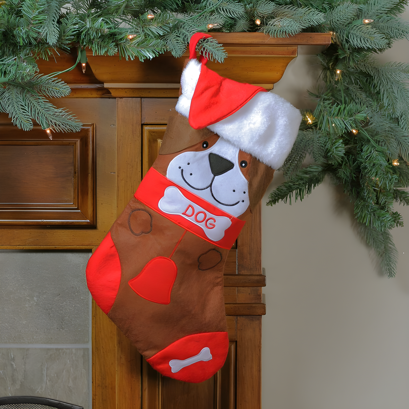 17" Red and Brown Dog Embroidered Christmas Stocking