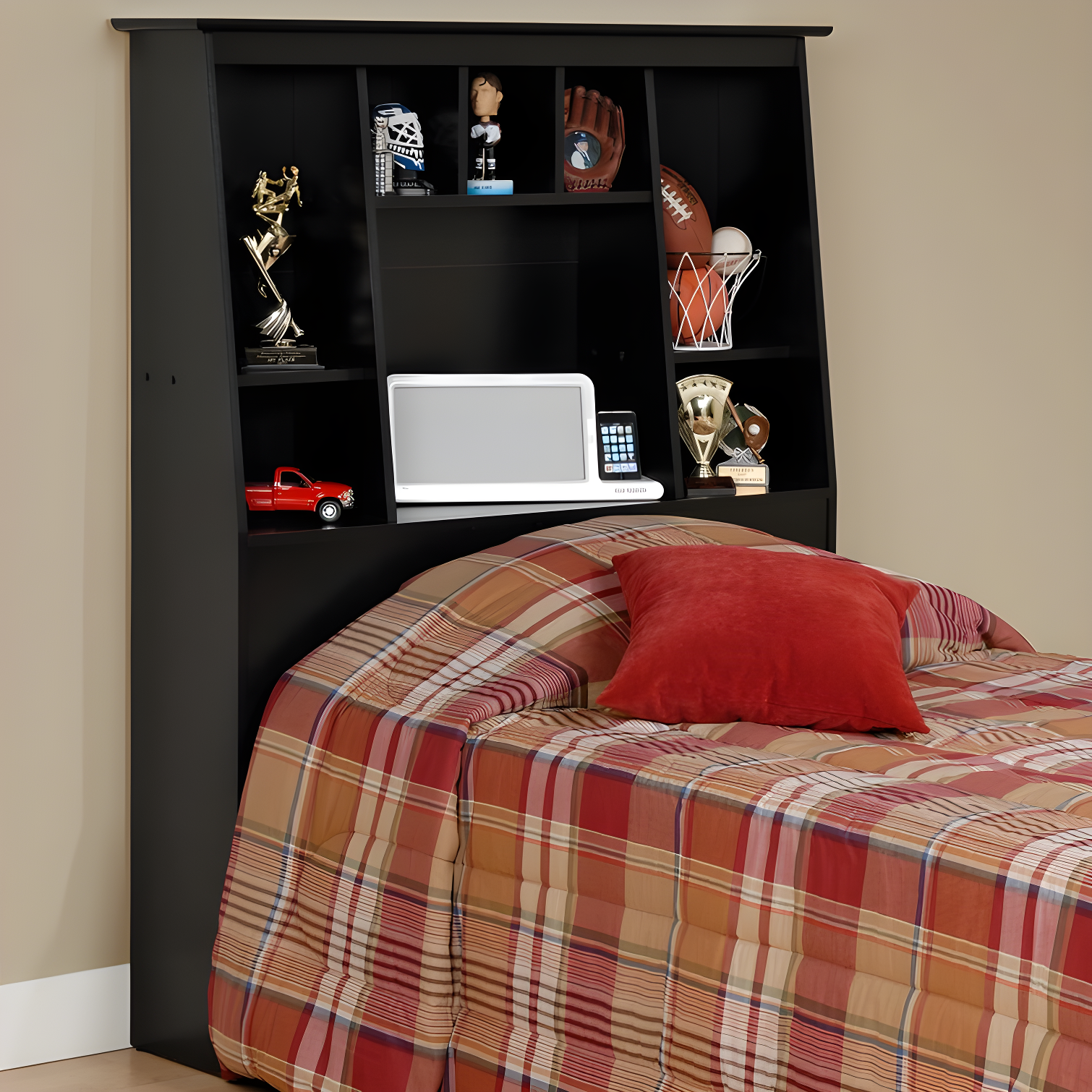 Black Full/Queen Tall Slant-Back Bookcase Headboard with Storage