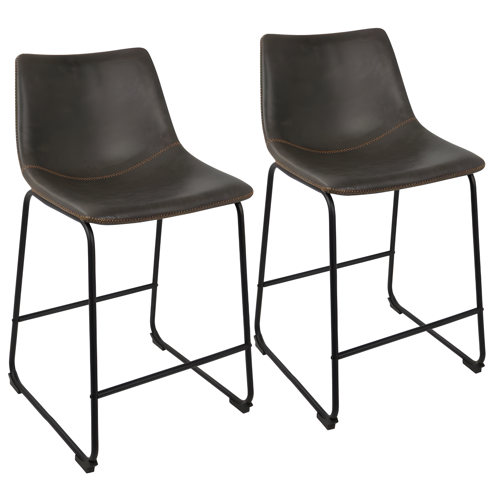 Set of 2 Black and Gray Faux Leather Counter Stools with Orange Stitching