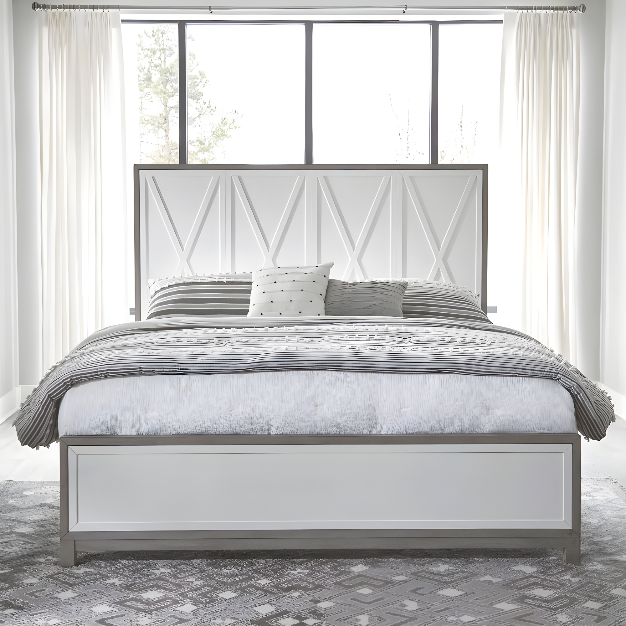 Shell White and Driftwood Queen Panel Bed with X-Panel Accents