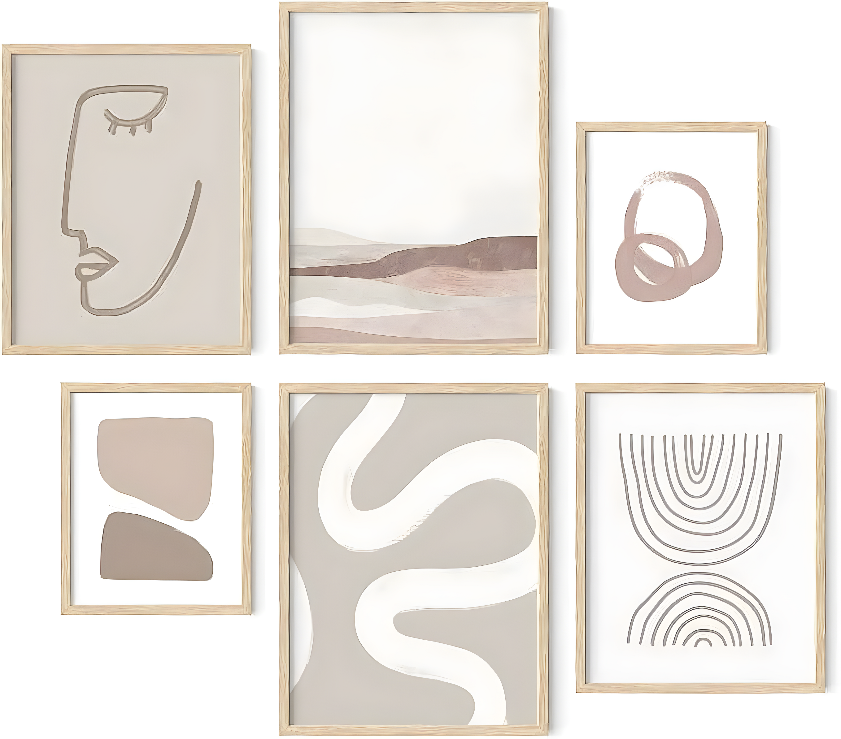 Set of 6 Cream and Beige Abstract Boho Posters with Oak Frames