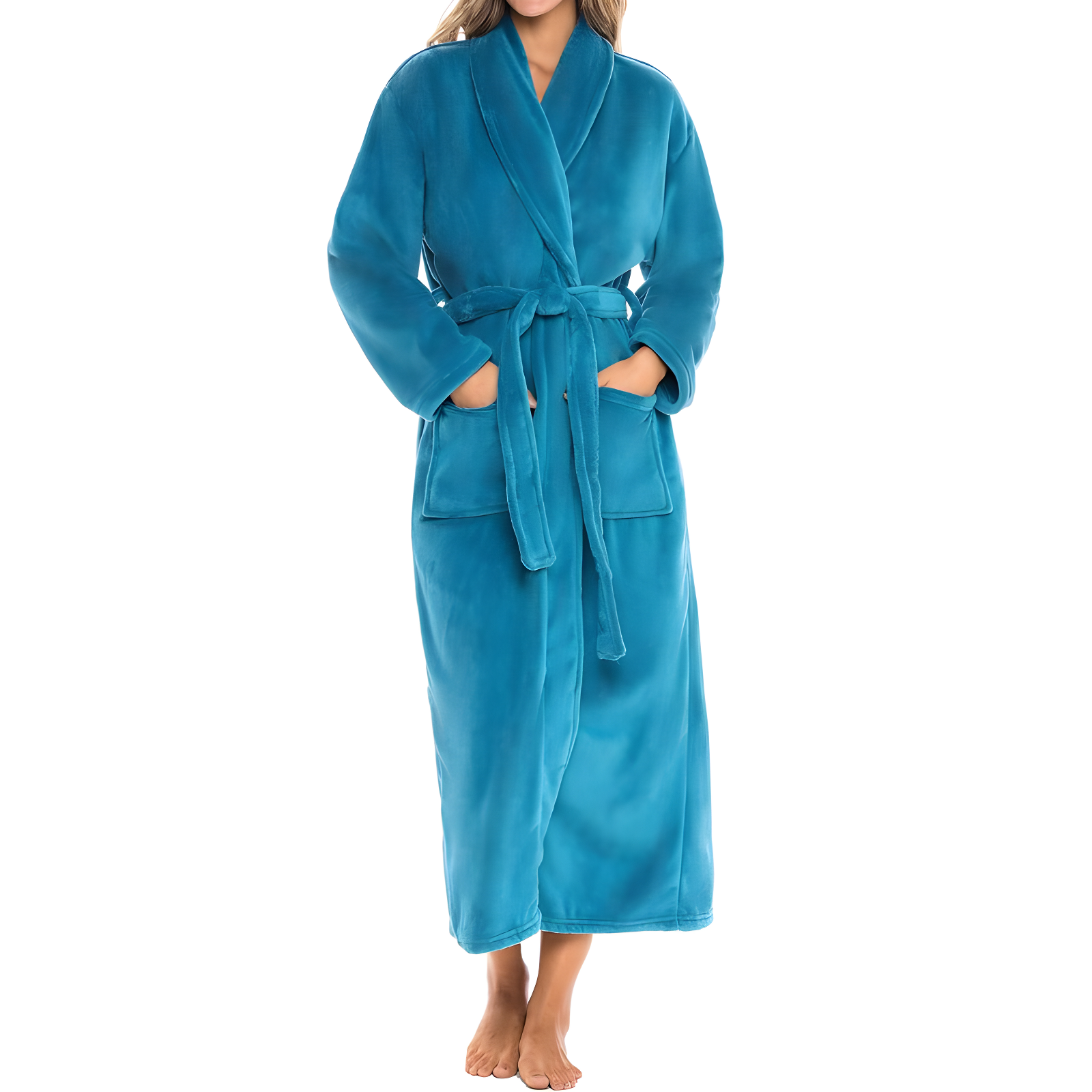 Turquoise Long Fleece Bathrobe with Patch Pockets