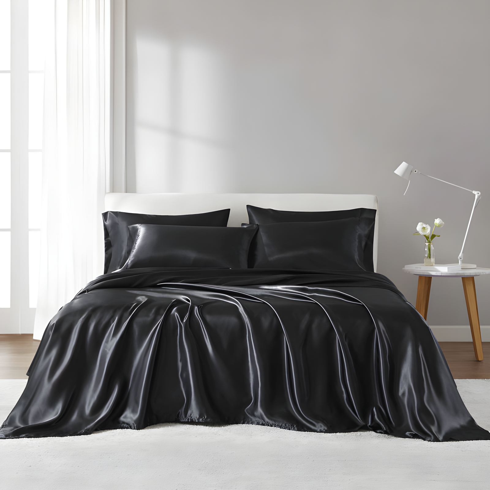 Queen Black Satin Deep Pocket Sheet Set