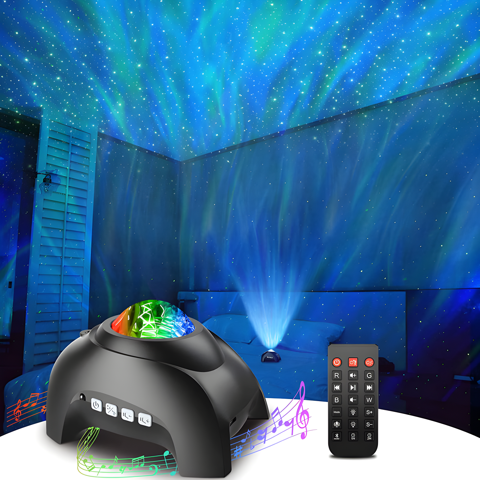 Rossetta Black Galaxy Projector Night Light with White Noise