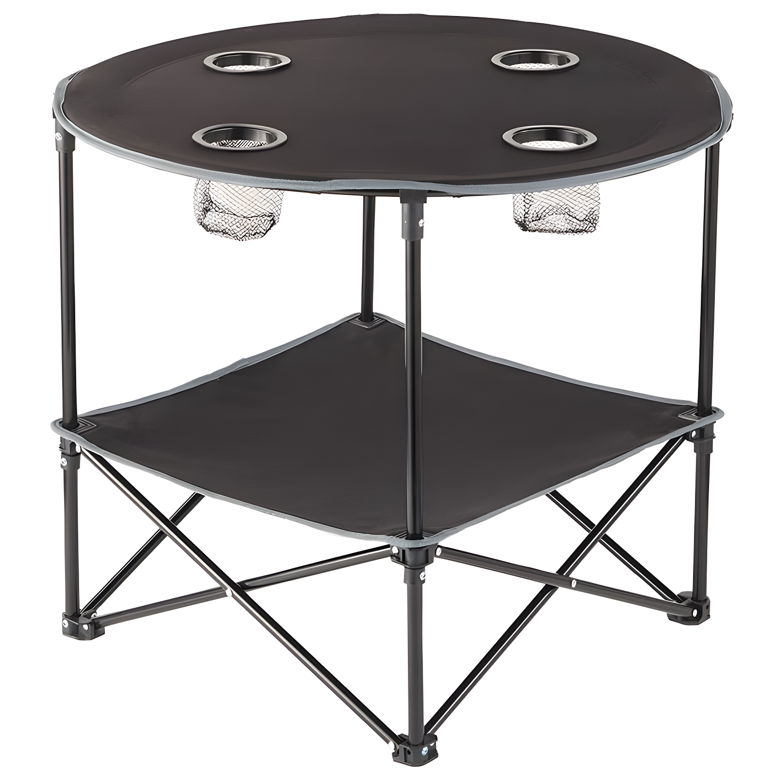 Black Portable Folding Picnic Table with Cup Holders and Storage Shelf