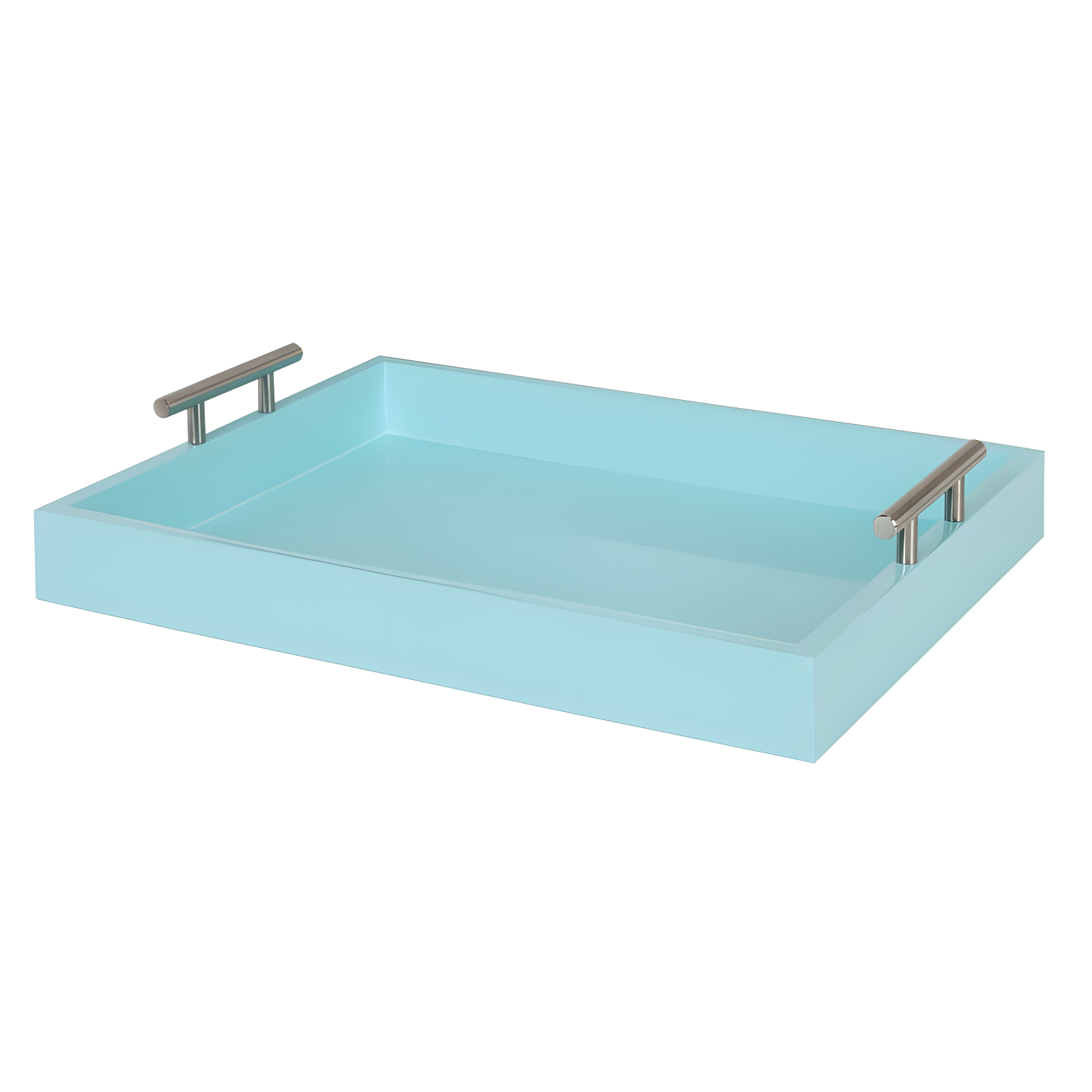 Light Teal Rectangular Wood Tray with Metal Handles