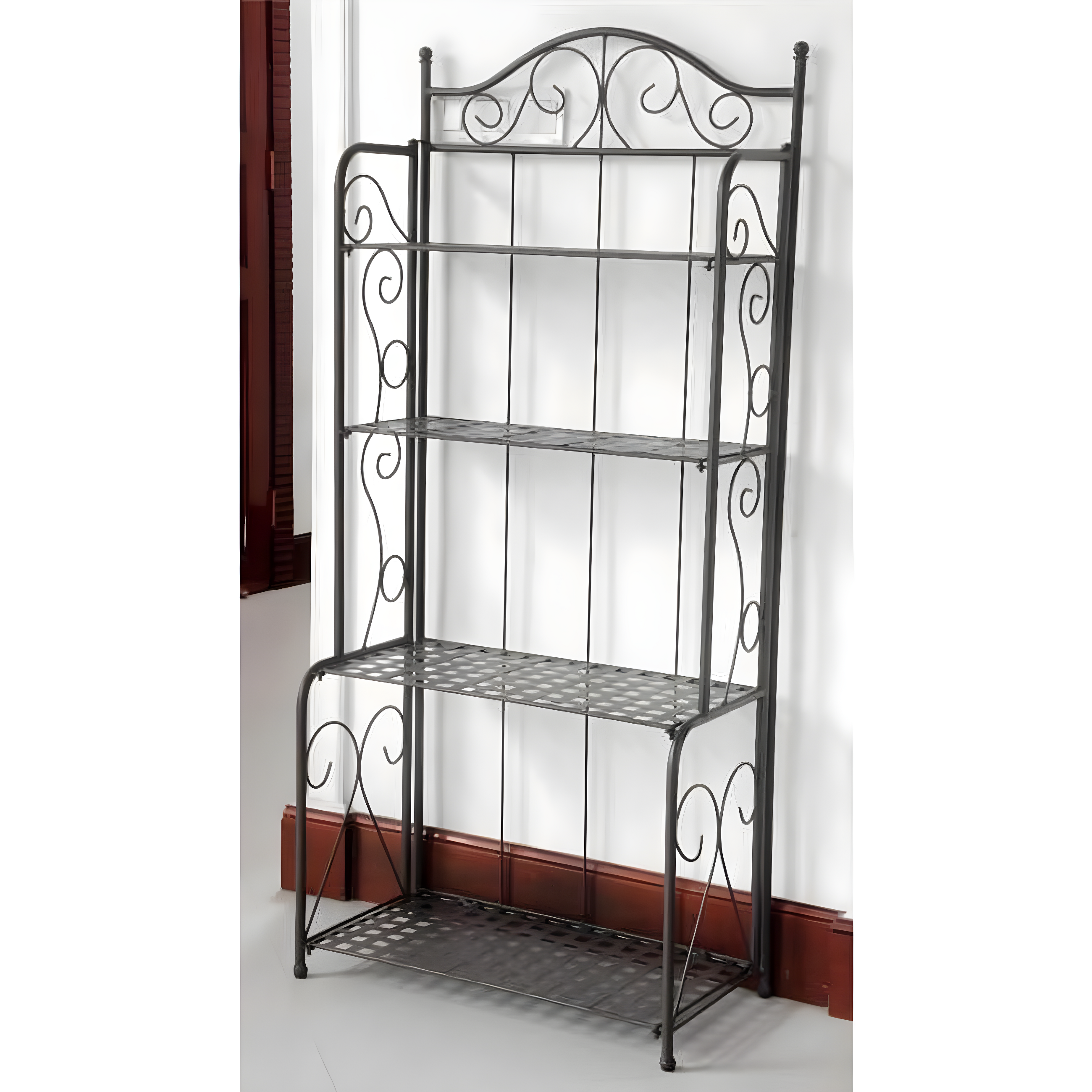 Antique Black Iron Folding Baker's Rack with Four Shelves