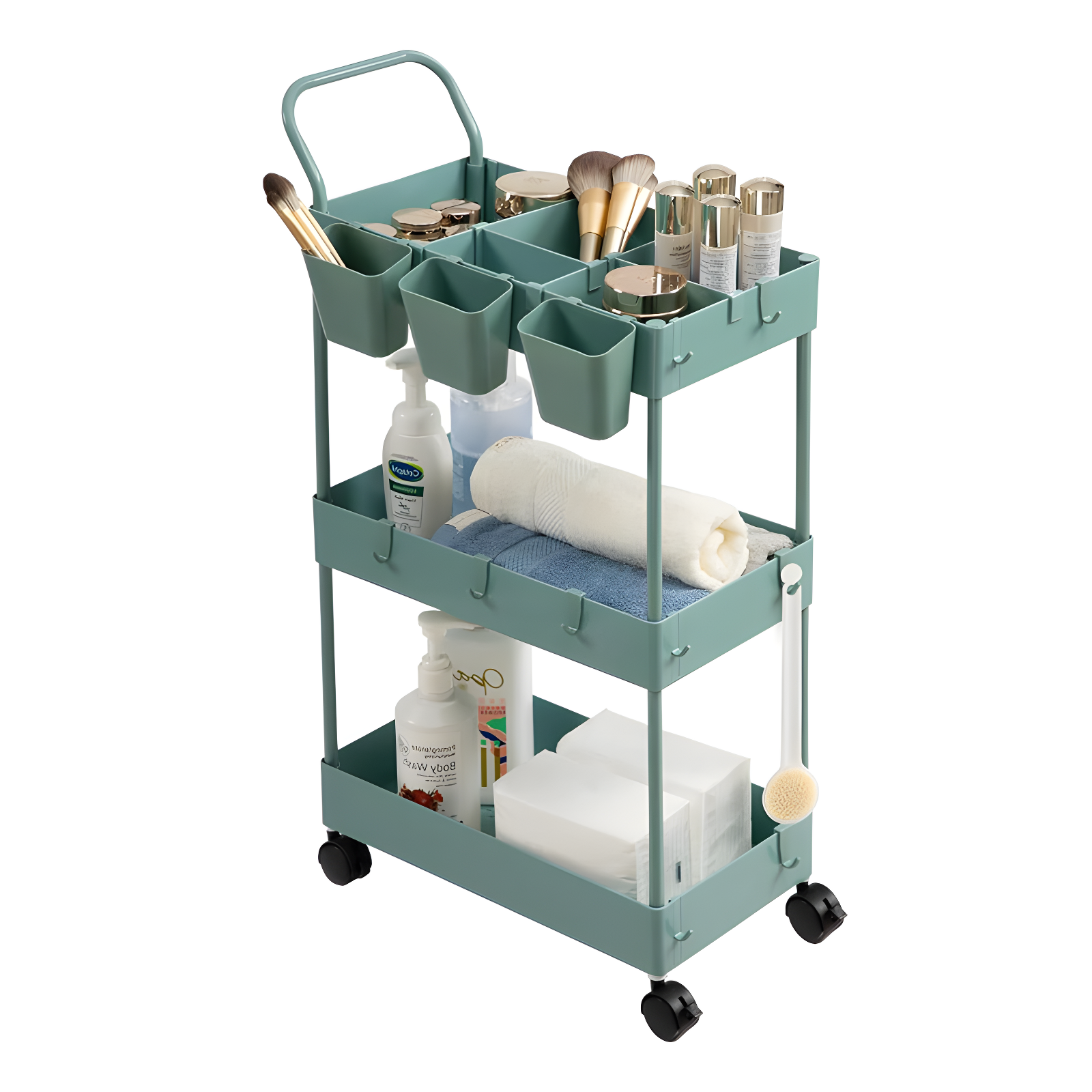 Green Metal 3-Tier Rolling Storage Cart with Lockable Wheels