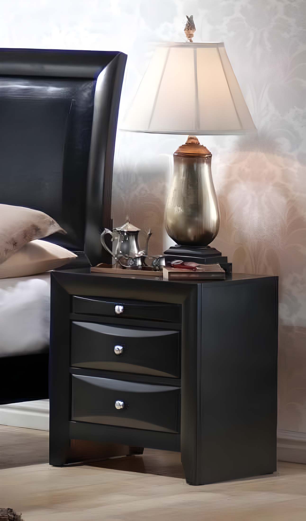 Briana Black 3-Drawer Nightstand with Chrome Knobs