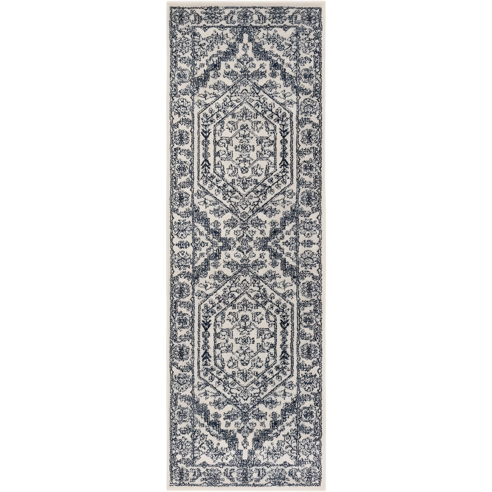 Navy and Ivory Oriental Synthetic Runner Rug, 2'6" x 12'