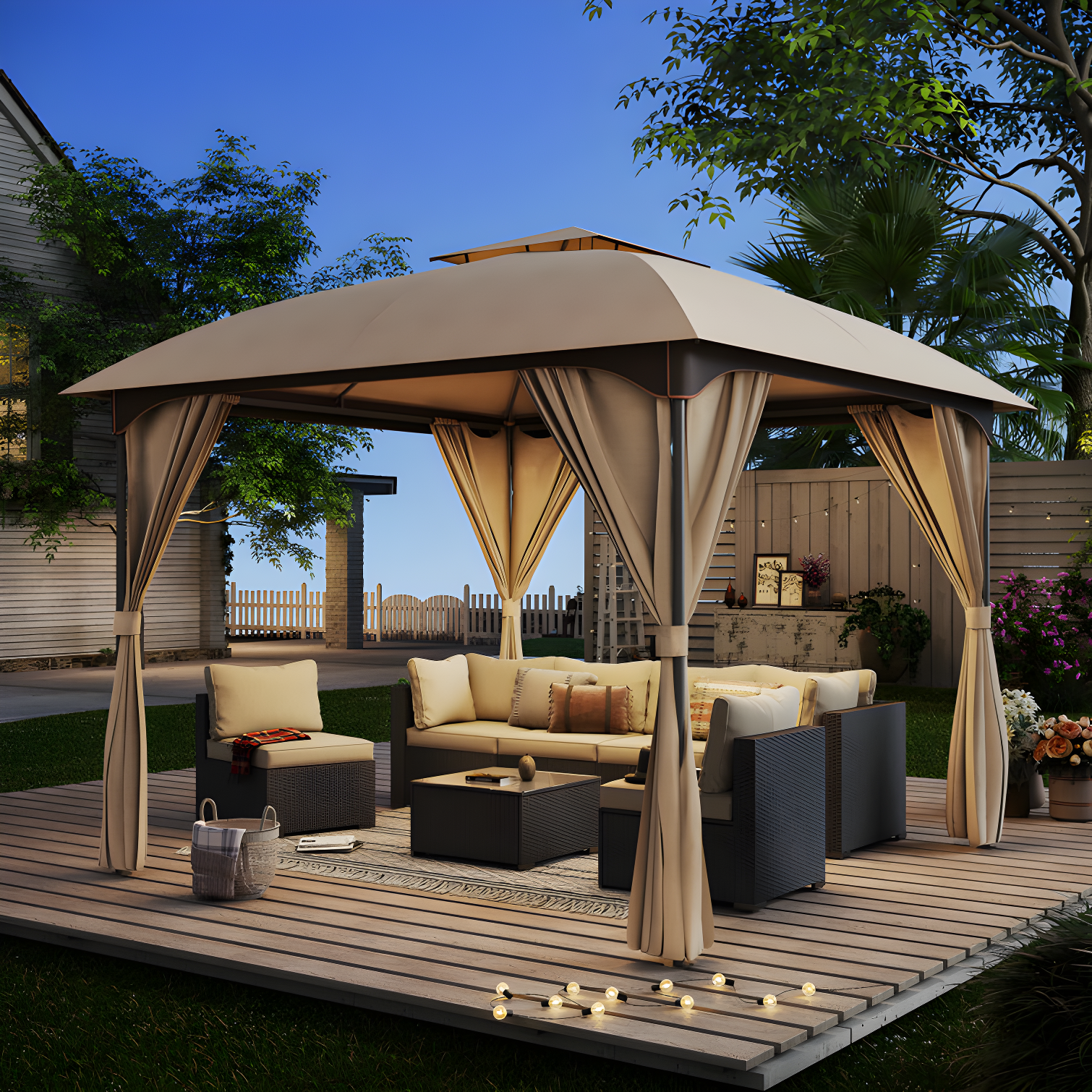 10x10 Khaki Steel Patio Gazebo with Privacy Curtains