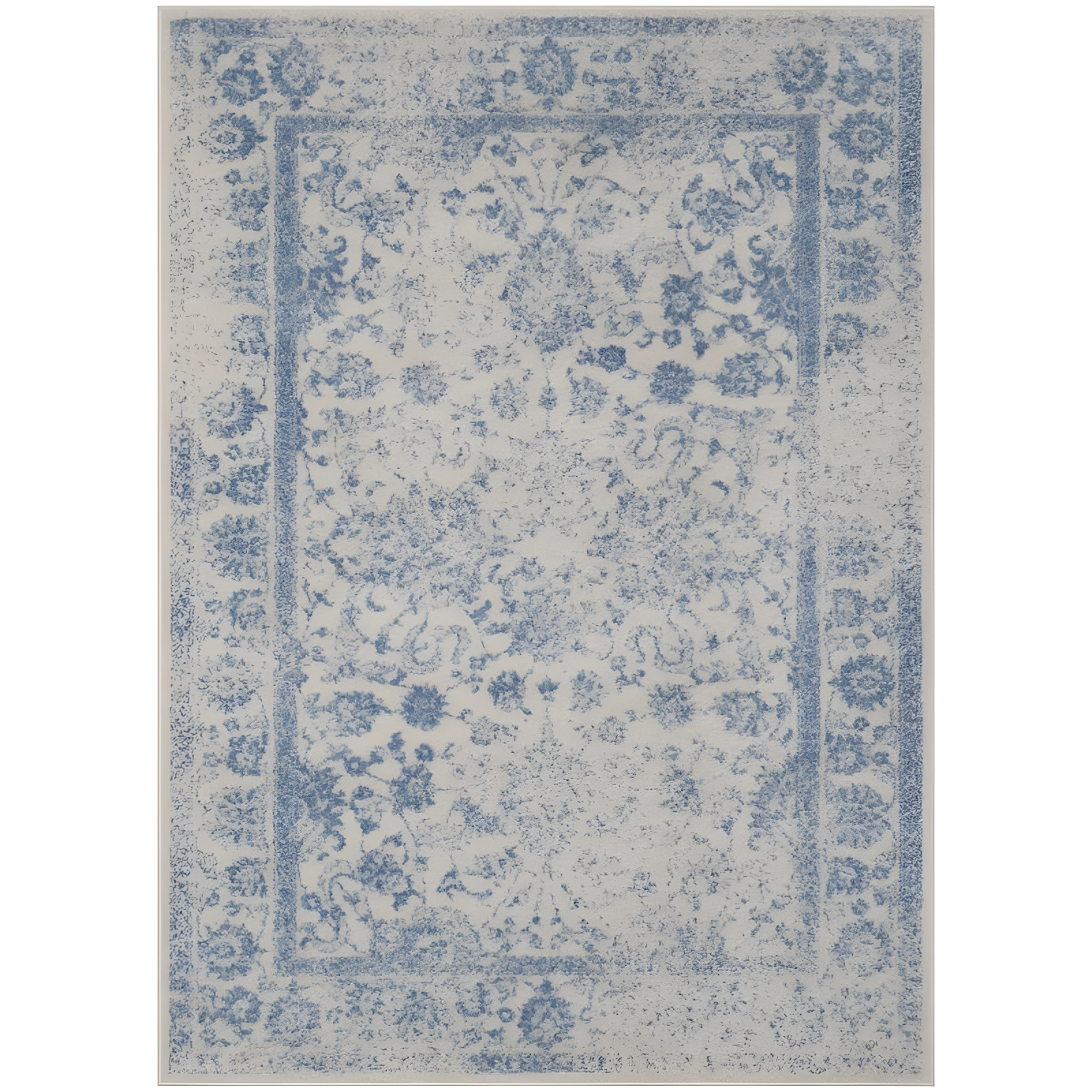 Ivory and Light Blue Floral Rectangular Area Rug, 6' x 9'