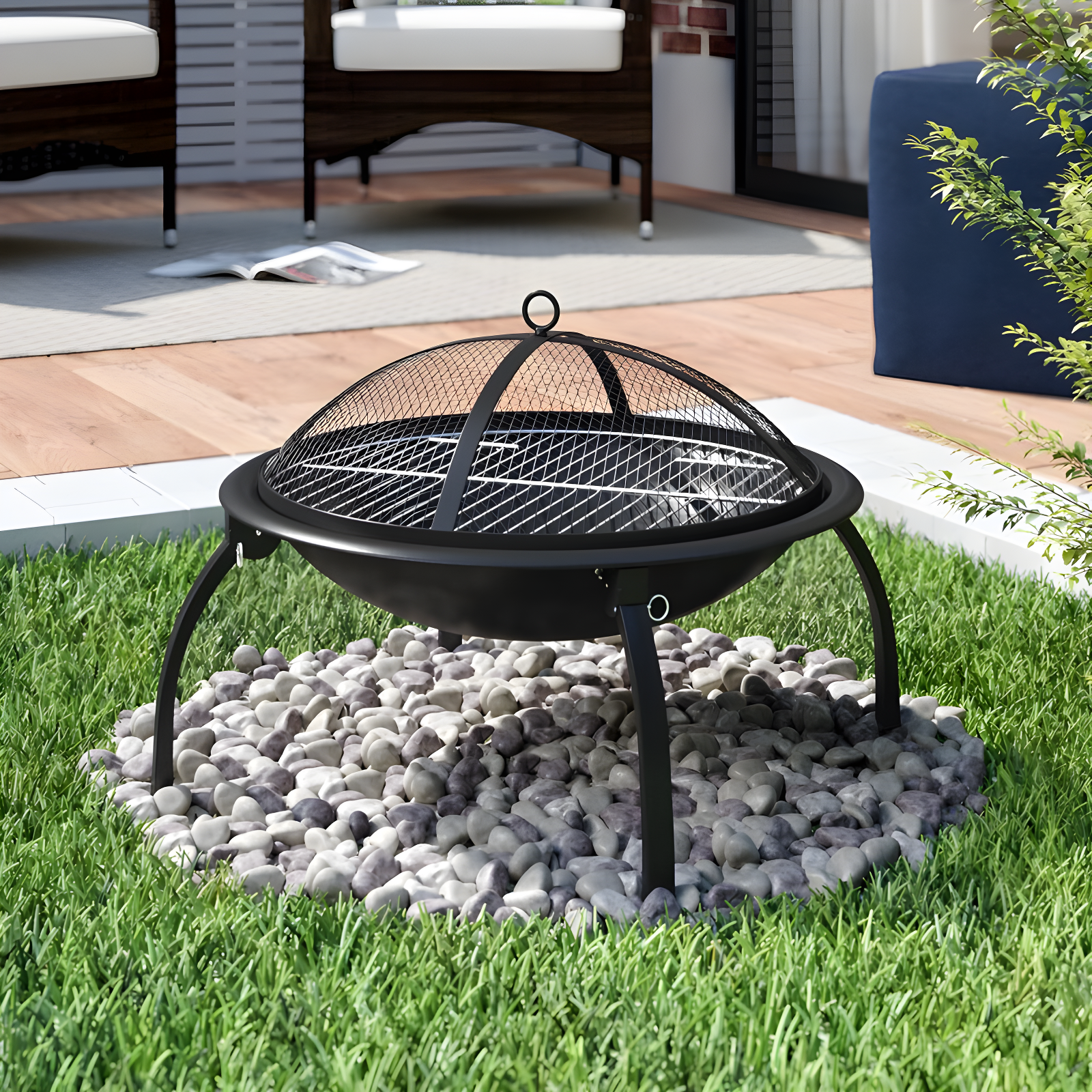 Portable Black Steel Folding Fire Pit with Mesh Screen