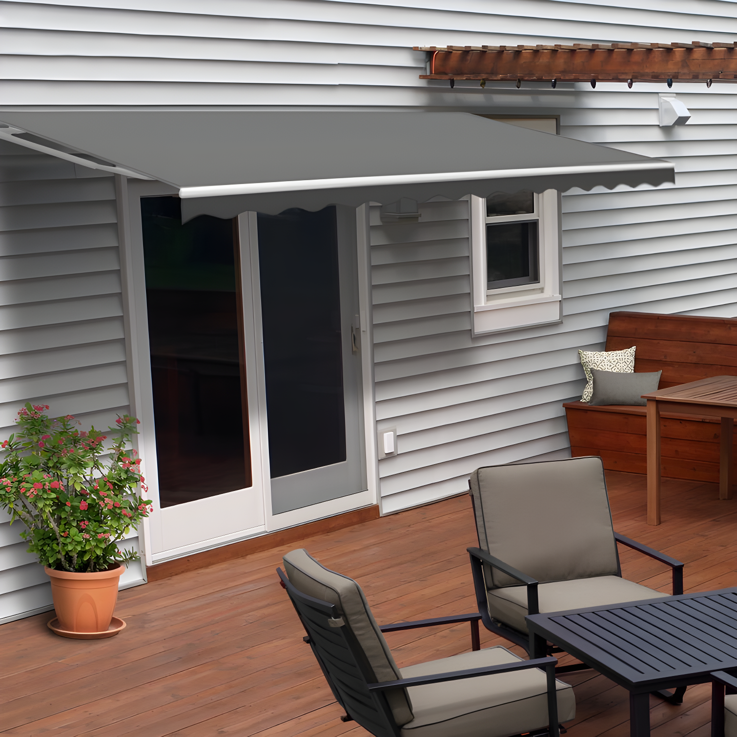 Motorized Retractable Gray and White Patio Awning with Remote