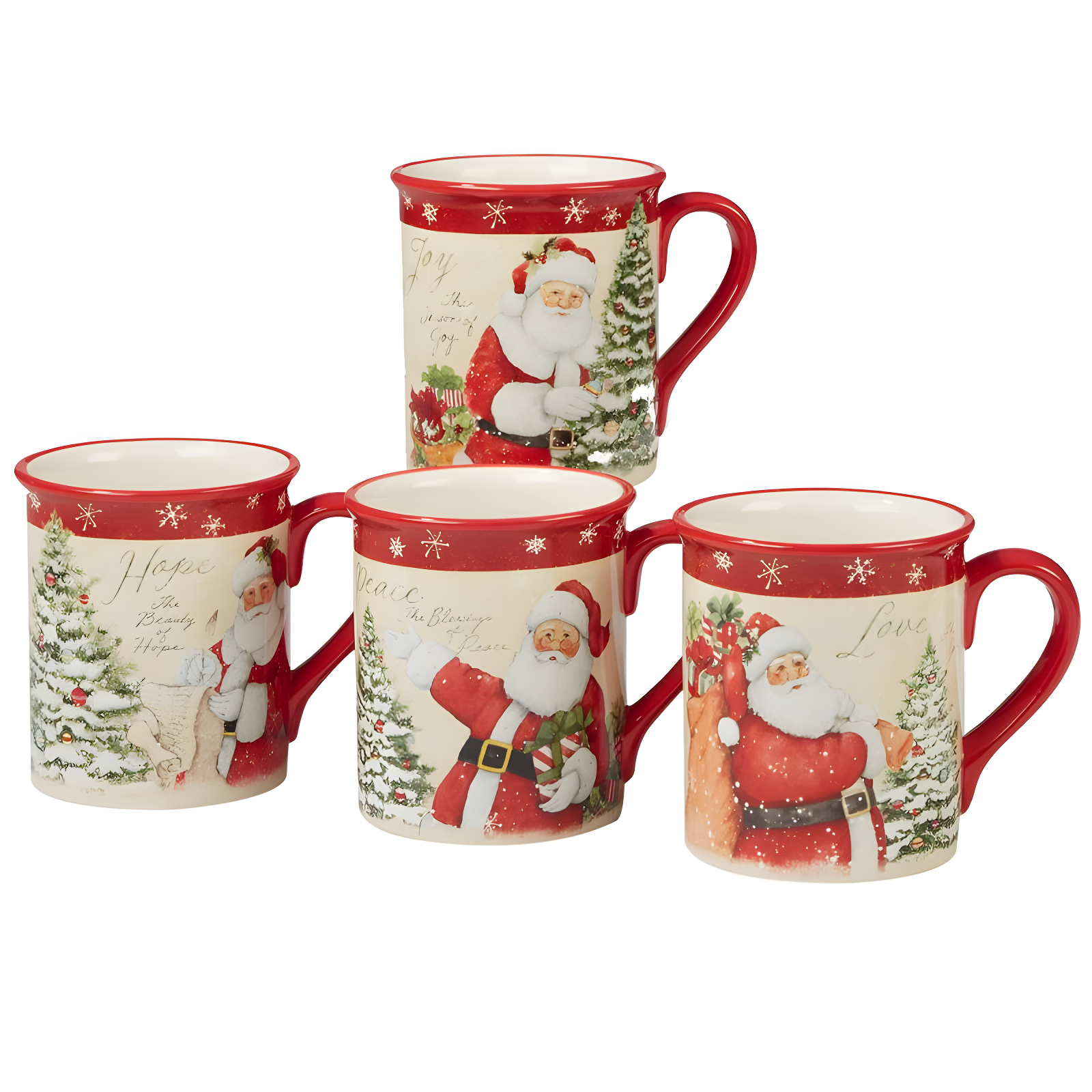 18oz Red and Multicolor Ceramic Christmas Mugs, Set of 4