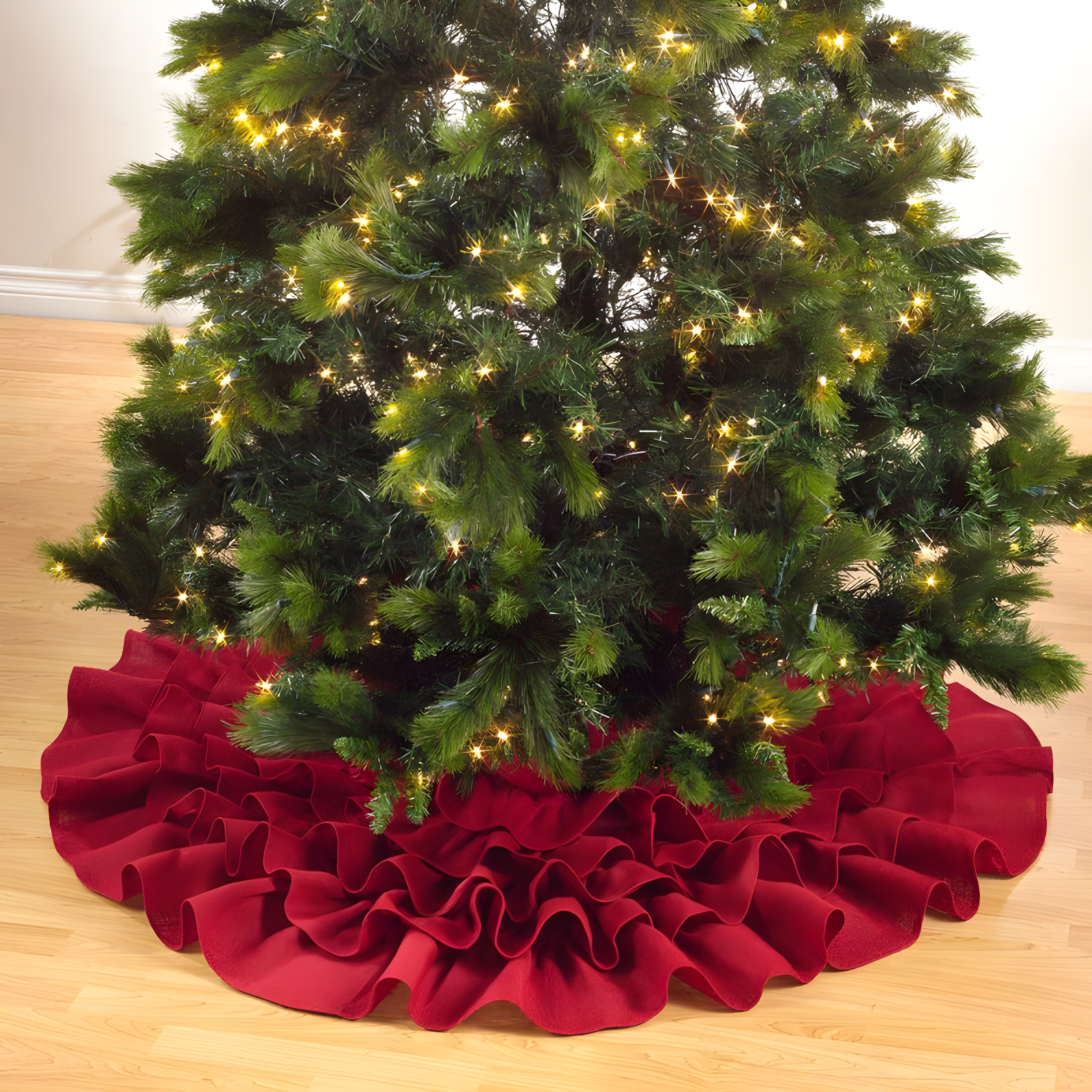 Red Jute Christmas Tree Skirt with Ruffled Design, 72"