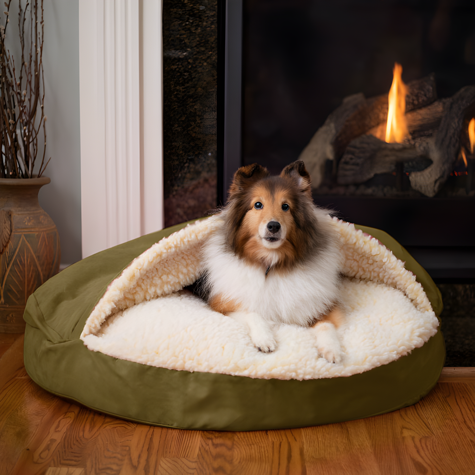 Small Olive Poly/Cotton Hooded Dog Bed with Sherpa Lining
