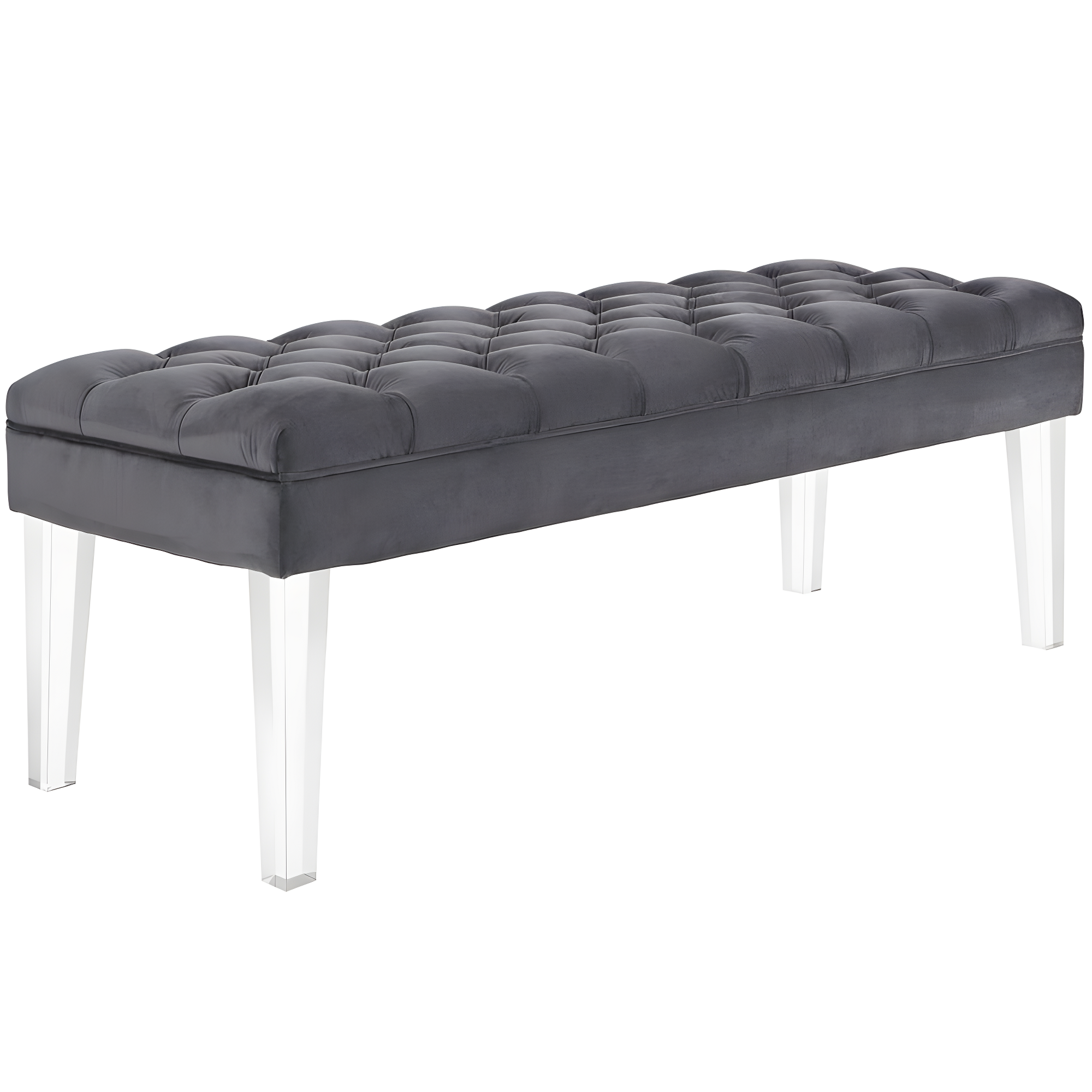 Elegant Gray Velvet Tufted Bench with Clear Acrylic Legs