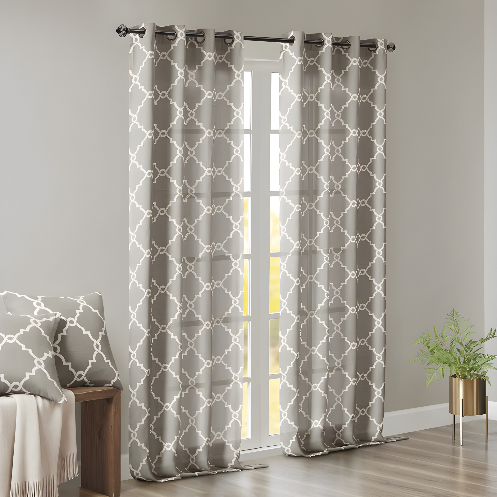 Gray and White Light-Filtering Grommet Cotton Blend Curtains