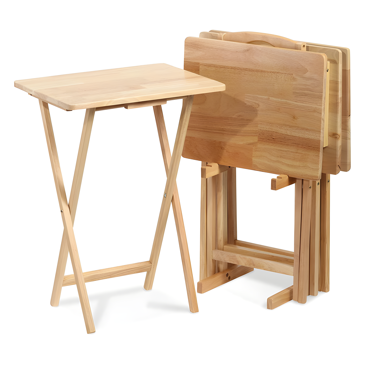 Solid Rubberwood Natural Finish Folding TV Tray Table Set