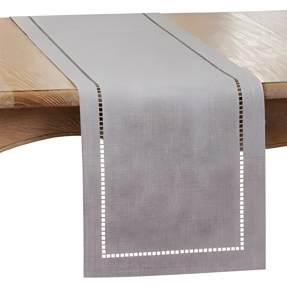 Gray Polyester Laser-Cut Hemstitch Table Runner